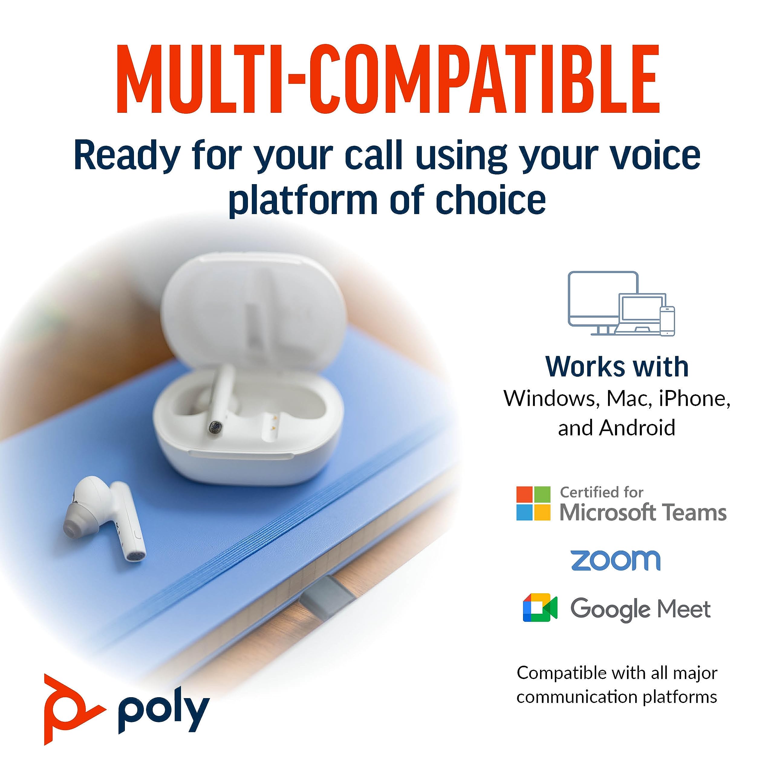 Poly Voyager Free 60+ UC True Wireless Earbuds with Active Noise Cancellation (ANC) – Bluetooth Headphones for iPhone, Android, PC & Mac – Noise-Canceling Mics for Crystal Clear Calls – Teams Certified – Touchscreen Charge Case – Perfect for Work Calls, Gym, Commuting & Travel – Amazon Exclusive