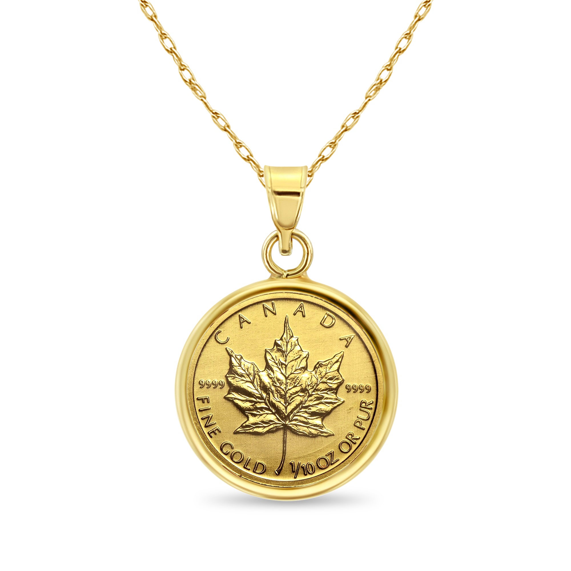 1/10 oz Fine Gold Canadian Maple Leaf Coin Necklace with Polished Bezel - Elegant Jewelry Gift for Women, Perfect for Special Occasions & Everyday Wear