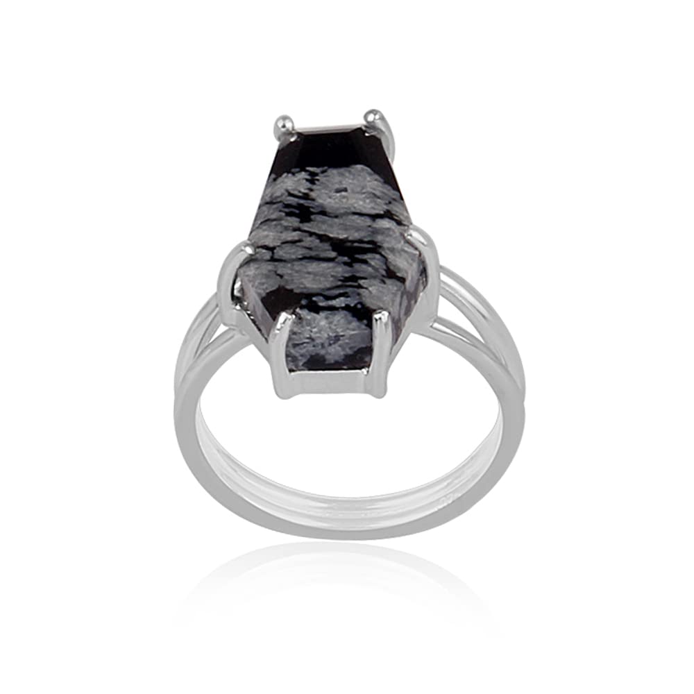 Natural Snowflake Obsidian Gemstone Ring - Sterling Silver Coffin Ring with Prong Setting, Handmade Boho Jewelry - Perfect Gift for Mom, Women's Fashion Accessory for Everyday Wear & Special Occasions