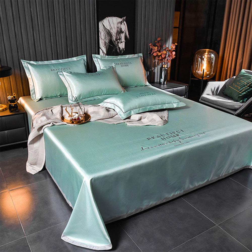 MNSSRNN Embroidered Ice Silk Sheets - 3-Piece Set (245x250cm) | Cooling, Breathable & Comfortable Summer Bedding | Light Green Foldable Mat Bed Cover for Hot Sleepers & Guest Rooms