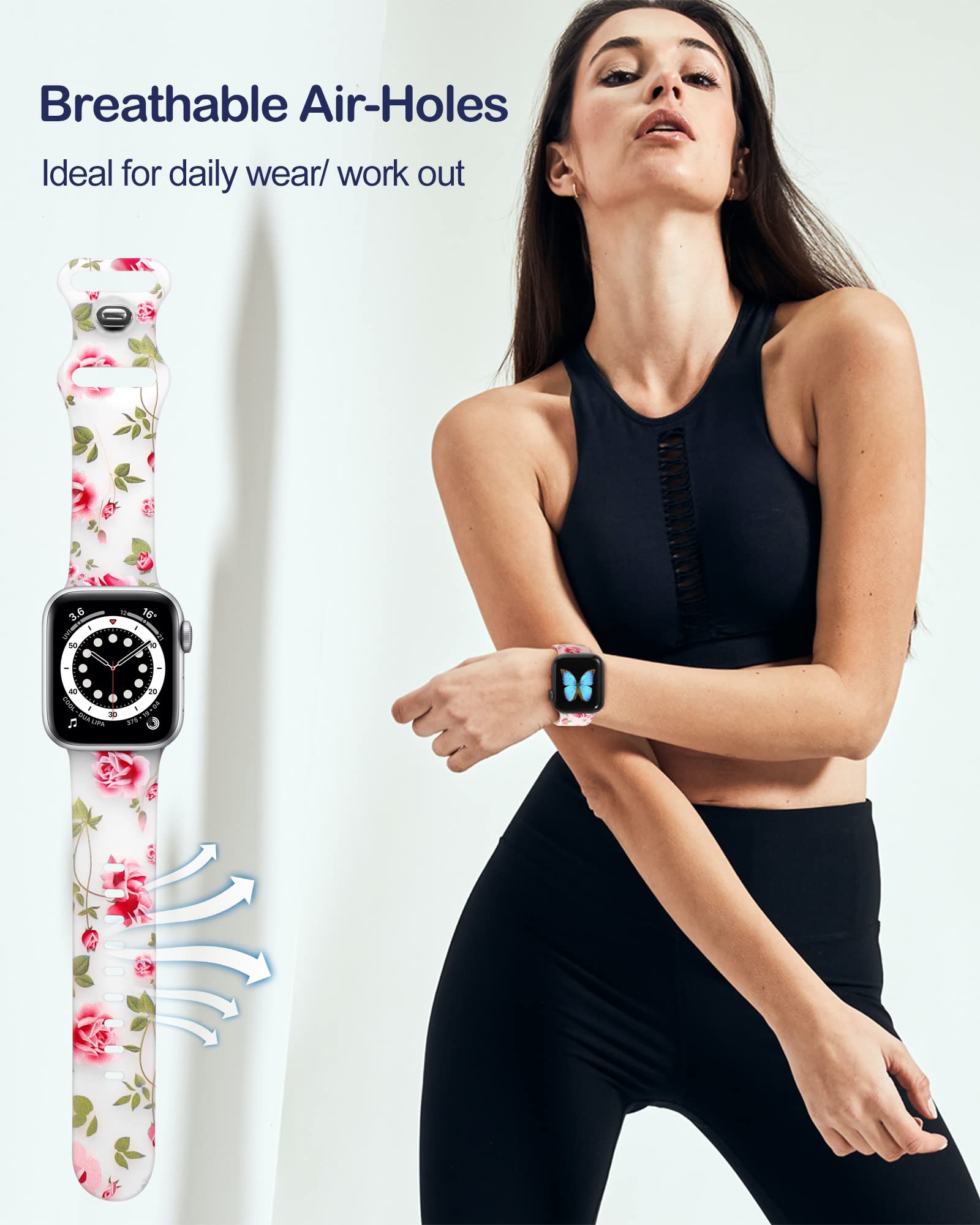 Witzon Floral Greenery Print Silicone Sport Band for Apple Watch Series 8/7/6/5/4/3/2/1/SE/Ultra - 38mm 40mm 41mm 42mm 44mm 45mm 49mm Women's Replacement Strap Accessories - Perfect for Workouts, Running & Everyday Fashion