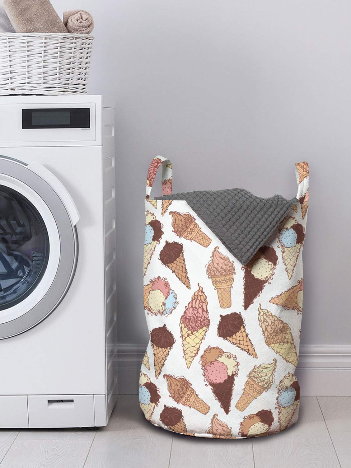 Ambesonne Ice Cream Print Laundry Bag - Reusable Hamper with Handles & Drawstring Closure for Laundromats, Dorms, Travel (13