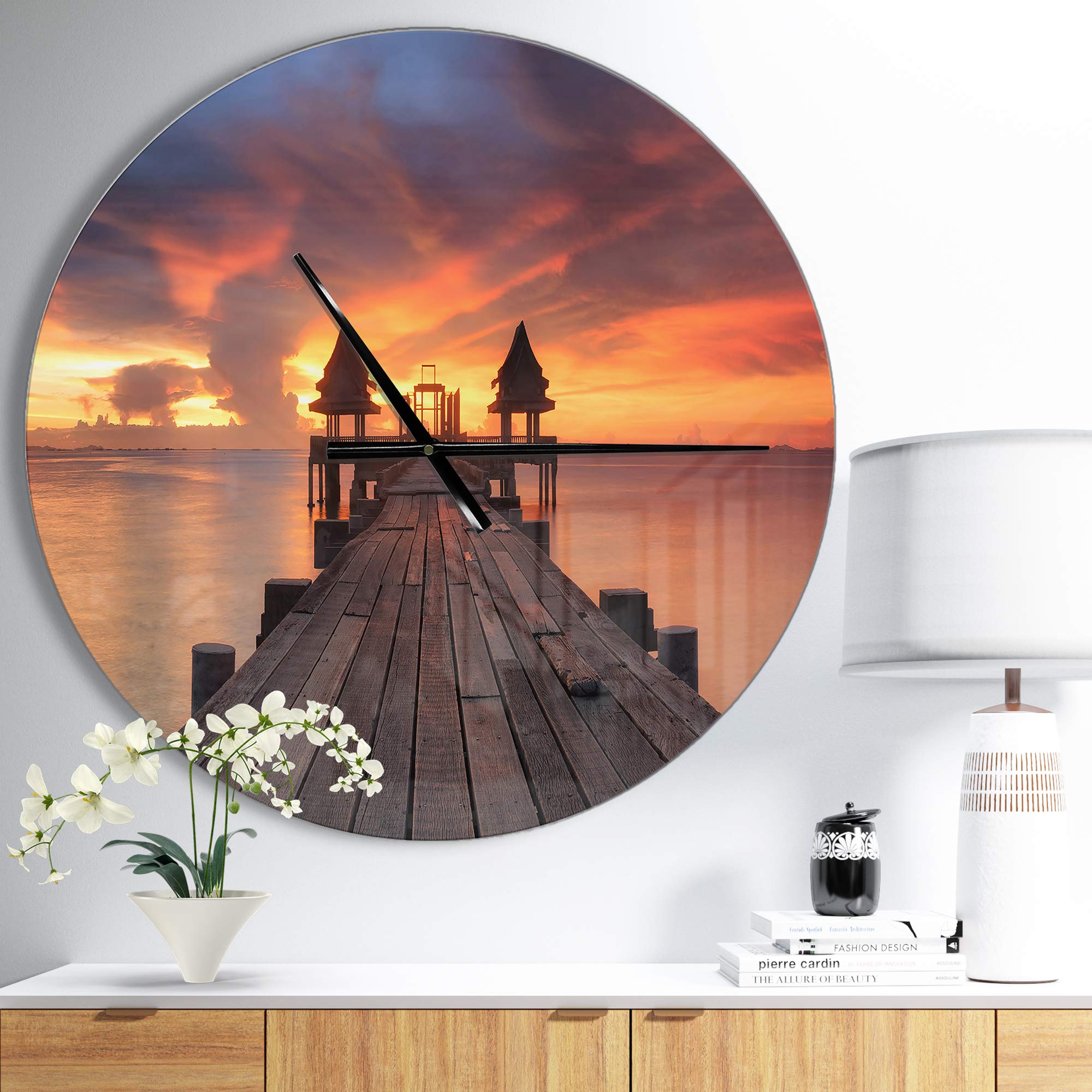 Designart 'Glowing Sky and Long Wooden Bridge' Modern Wall Clock - Stylish Home Decor for Living Room, Bedroom & Office - Silent Non-Ticking Battery Operated Contemporary Clock
