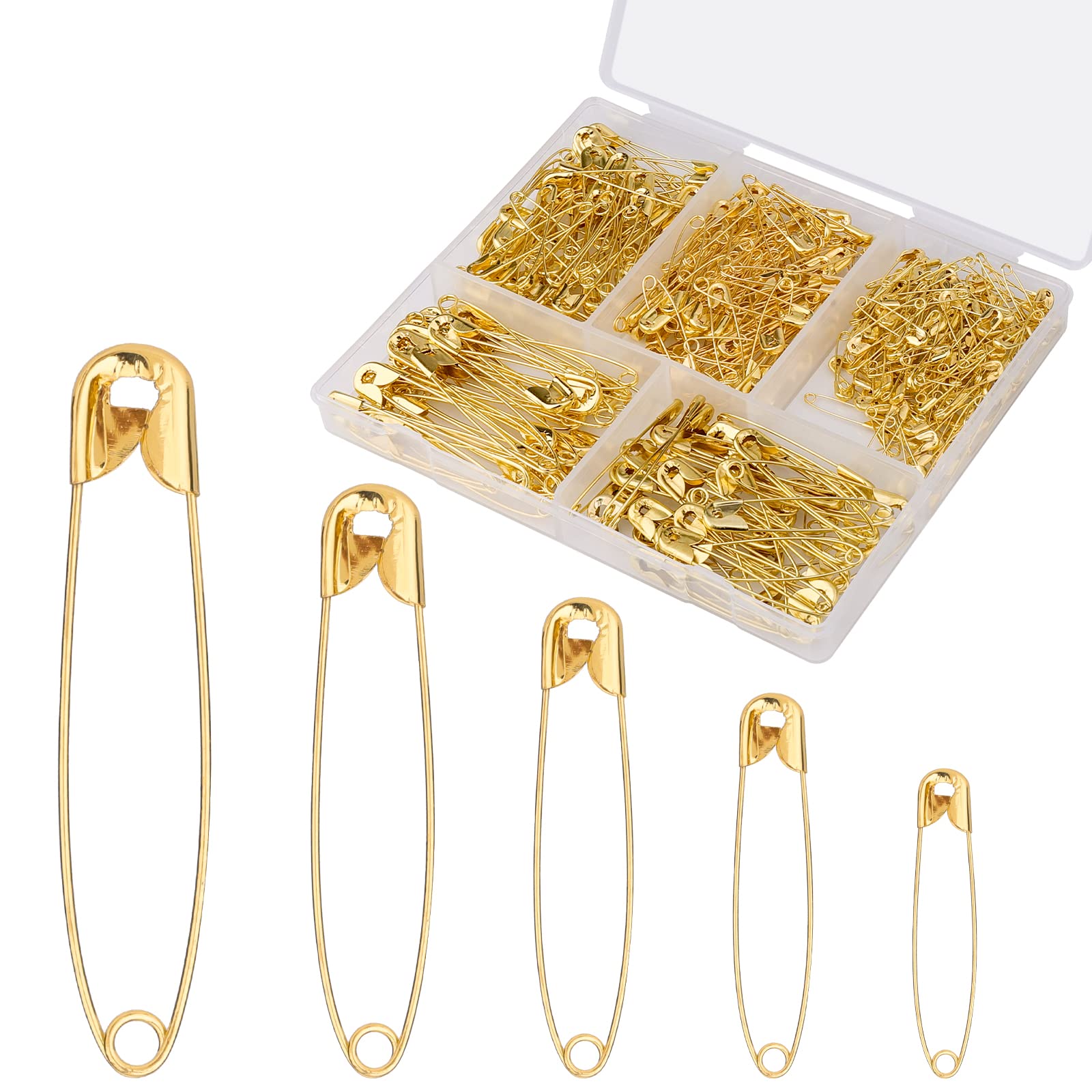 KINBOM 350 Pcs Assorted Size Safety Pins (22mm/32mm/38mm/45mm/55mm) - Gold Metal Pins for Crafts, Sewing, Jewelry Making & DIY Projects - Perfect for Clothing Repair, Scrapbooking & Home Decor