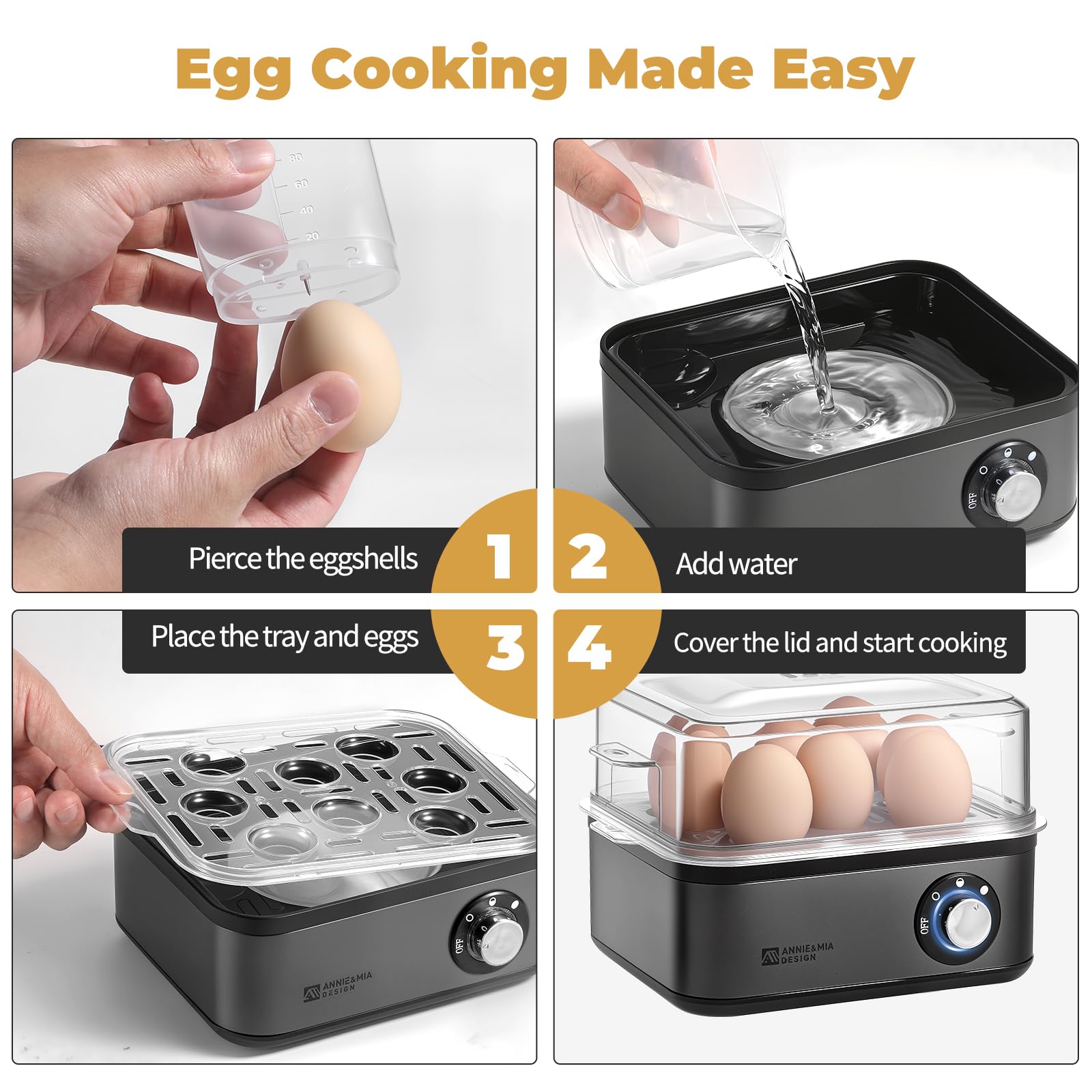 Annie & Mia 8 Egg Electric Egg Cooker - 500W Stainless Steel Egg Boiler with Auto Shut-Off | Perfect for Hard, Medium & Soft Boiled Eggs | Ideal for Breakfast Meal Prep, Camping & Kitchen Use