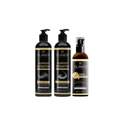 OLAMOR Premium Keratin Repair Shampoo & Conditioner Set with Hair Serum - Sulfate Free Damage Treatment for Frizzy, Dry Hair - Restores Shine & Strength for Men & Women (600ml) | Perfect for Color-Treated, Chemically Damaged Hair & Daily Hair Care Routine