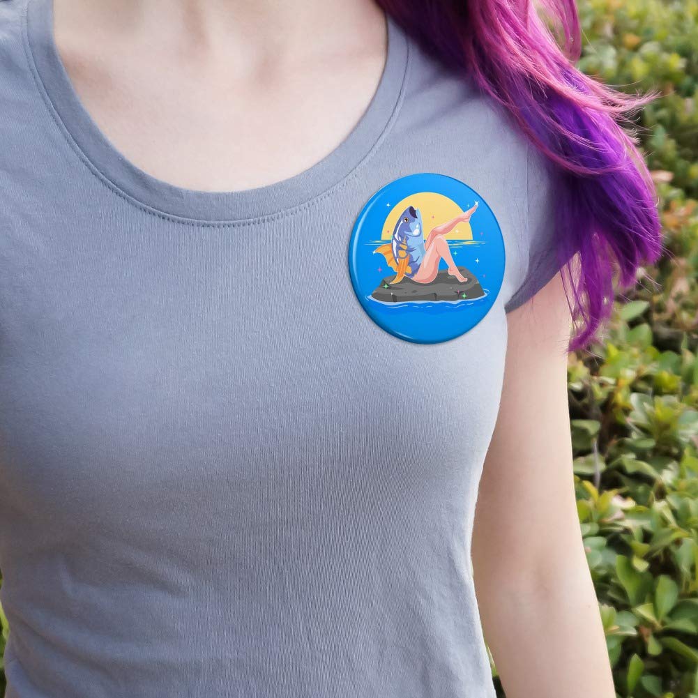 Reverse Mermaid With Tuna Head Pinback Button Pin - Unique Funny Mermaid Fish Brooch - Perfect for Costume Parties, Cosplay & Gift Giving