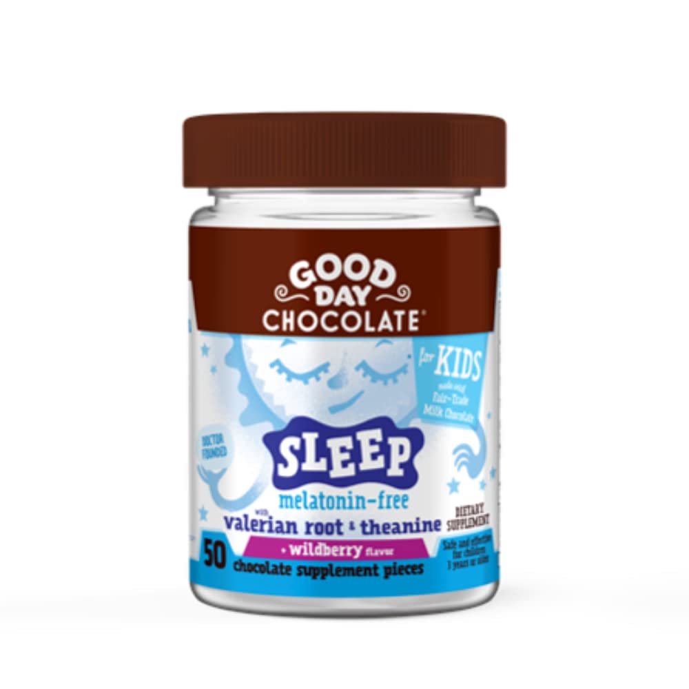 Organic Valerian Root Chocolate for Kids - Herbal Sleep Aid with L-Theanine, Non-GMO & Fair Trade Certified, Wildberry Flavor (50 Pieces) - Perfect for Bedtime Relaxation & Stress Relief