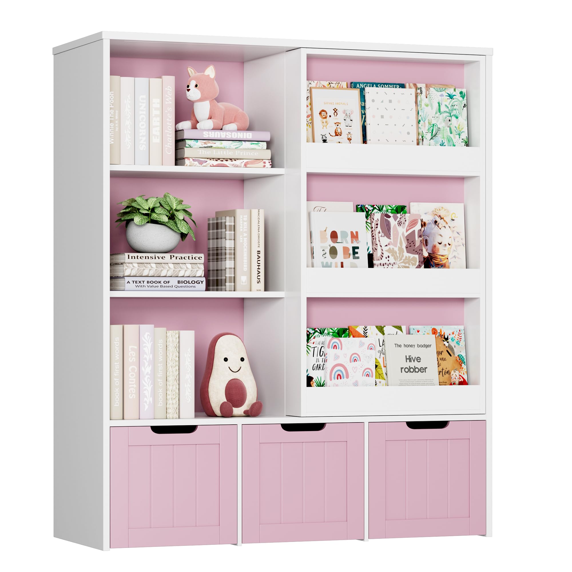 FOTOSOK Kids Toy Storage Organizer with Sliding Bookshelf - 3 Movable Drawers & 6 Storage Cubbies for Playroom, Bedroom, Nursery | Toy Organizer for Books, Toys, Games - Perfect for Playroom Organization & Kids Room Decor