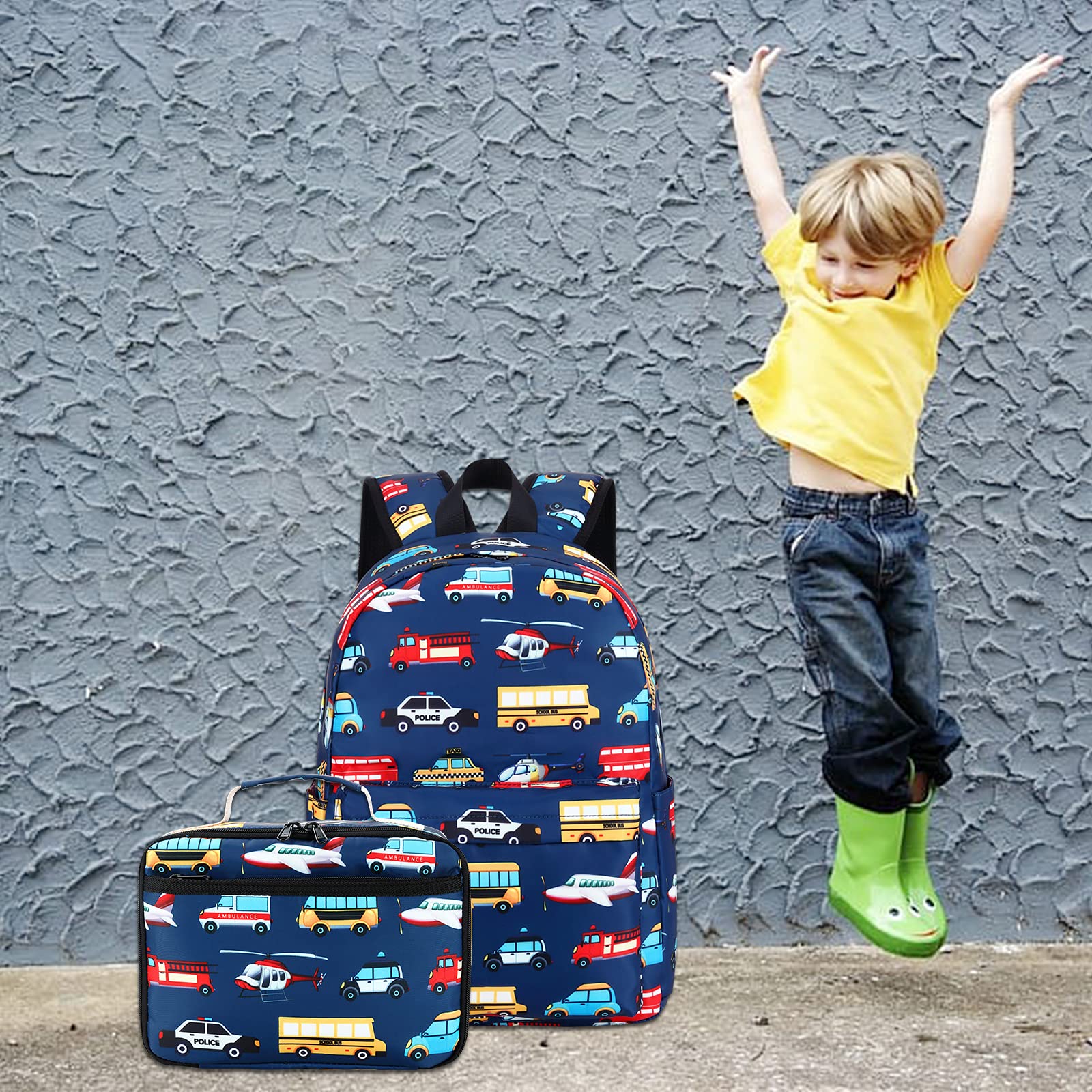 LEDAOU Kids School Backpack with Lunch Box - Boys Book Bag for Kindergarten & Preschool - Car Airplane Design Navy Blue Backpack - Perfect for School, Travel & Daily Use