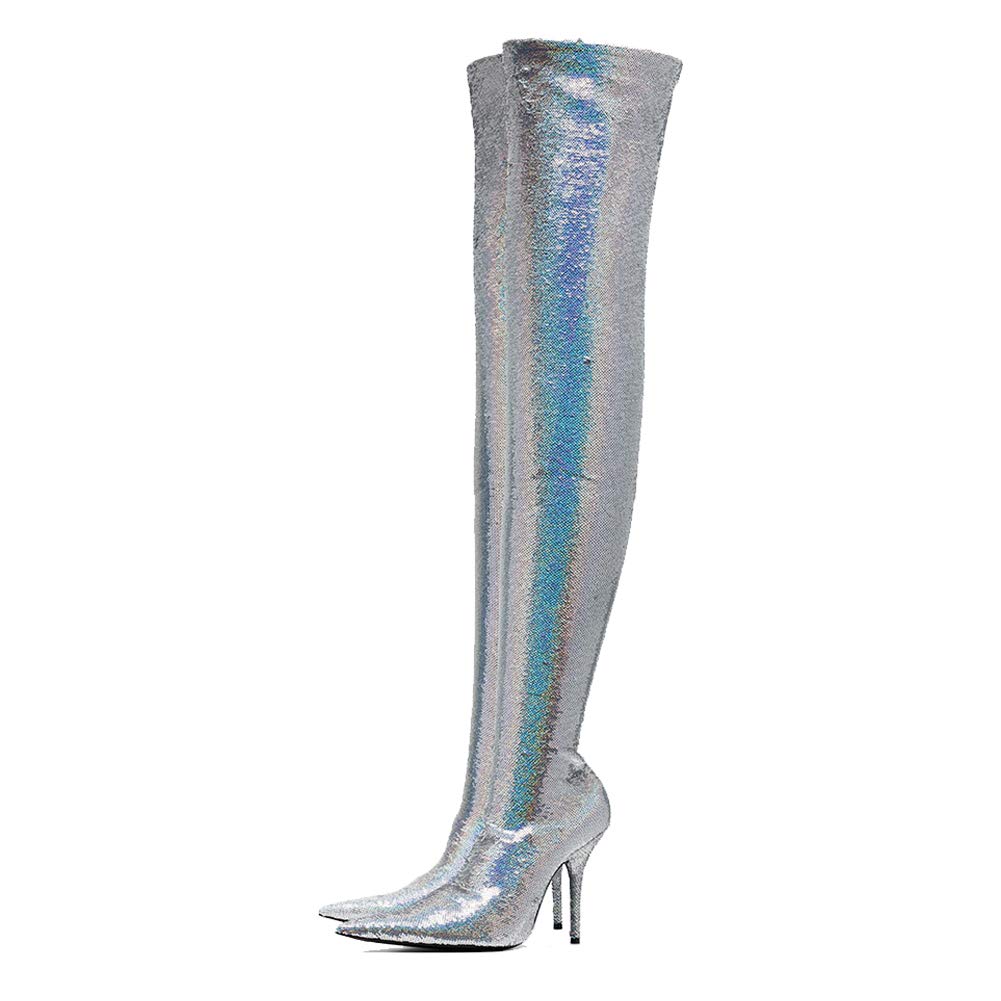 Arqa Women's Satin Over The Knee Boots - Stiletto Heel Thigh High Boots with Stretchable Fit, Pointed Toe Pull-On Design for Party, Night Out and Special Occasions