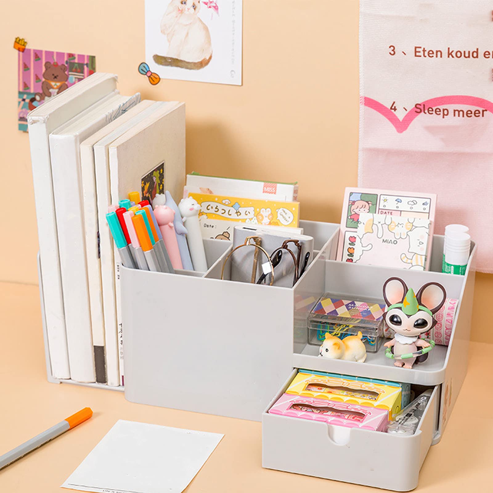 Large Capacity Desk Organizer with Drawer - Bookends, Stationery Supplies & Bookshelf Accessories - Plastic Pen Holder & Makeup Storage Caddy (Grey) - Perfect for Office, Study & Home Organization