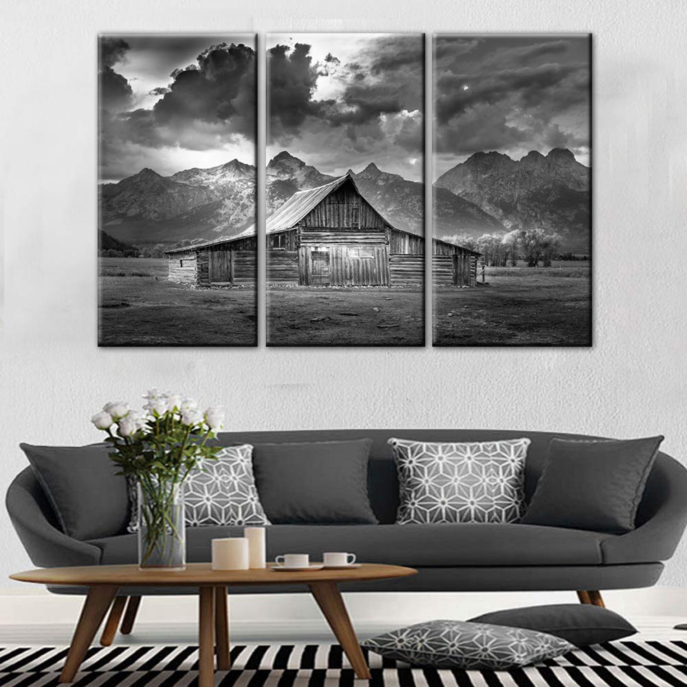 Large Rustic Wall Art Panels - 3-Panel Black and White Mormon Row Canvas Painting (28''x42'') Framed & Ready to Hang | Modern Cabin Decor for Living Room, Bedroom & Office