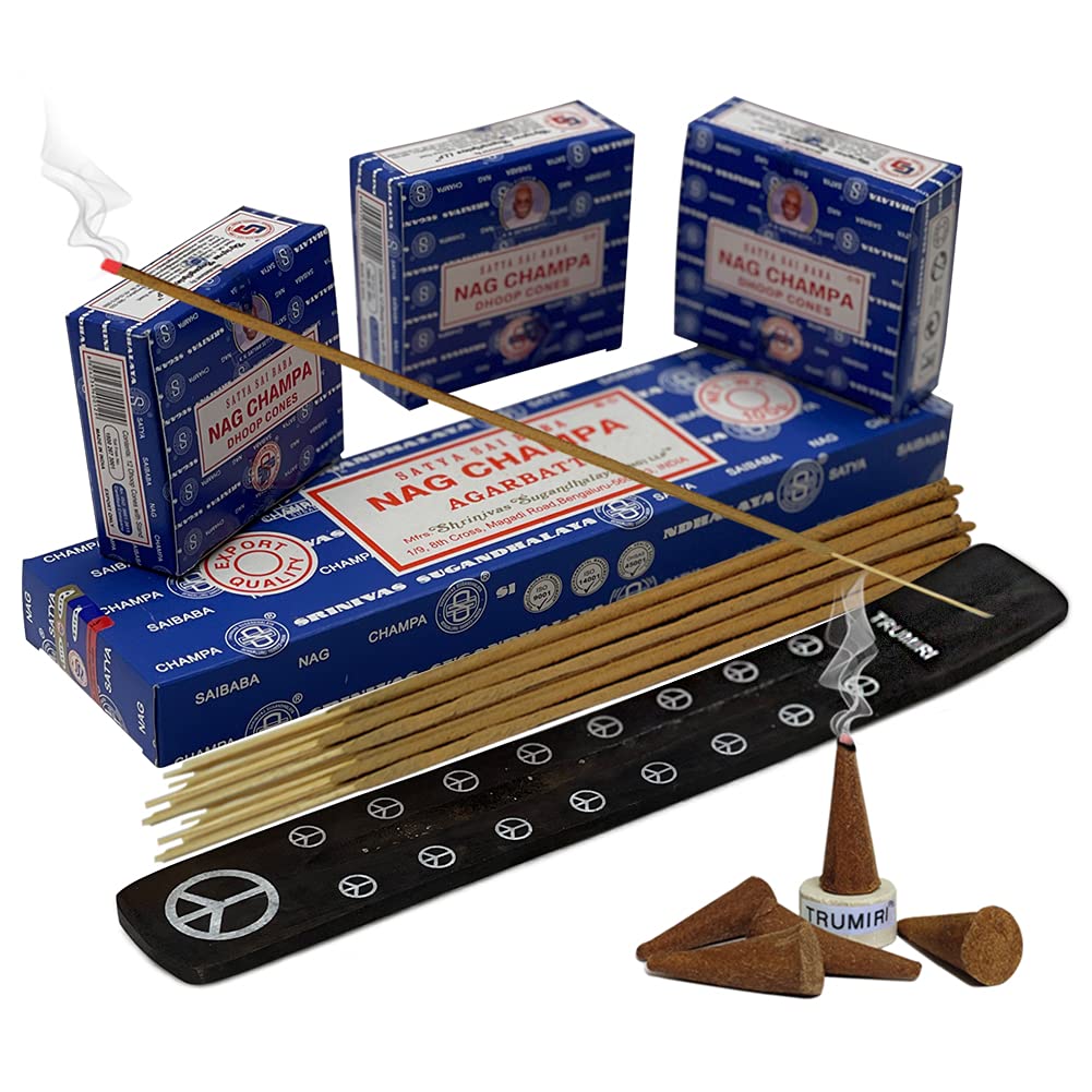 Satya Nag Champa Incense Sticks & Cones Variety Pack - 100g with Burner Holder | Natural Aromatherapy for Meditation, Yoga & Home Relaxation | Smudging & Spiritual Cleansing