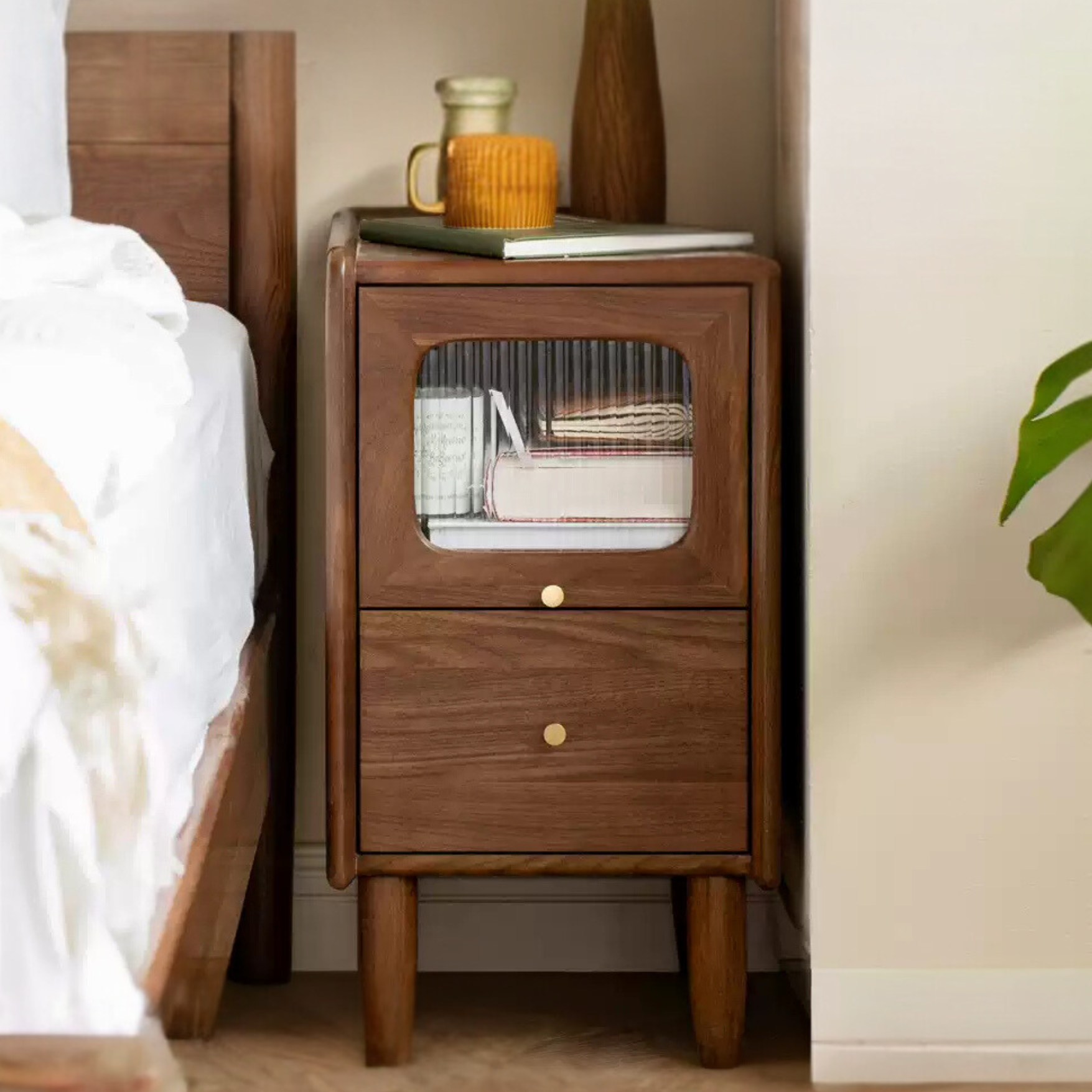 Solid Black Walnut Nightstand - Ultra Narrow Bedside Table with Calpa Wood - Perfect for Small Spaces, Apartments & Modern Bedrooms