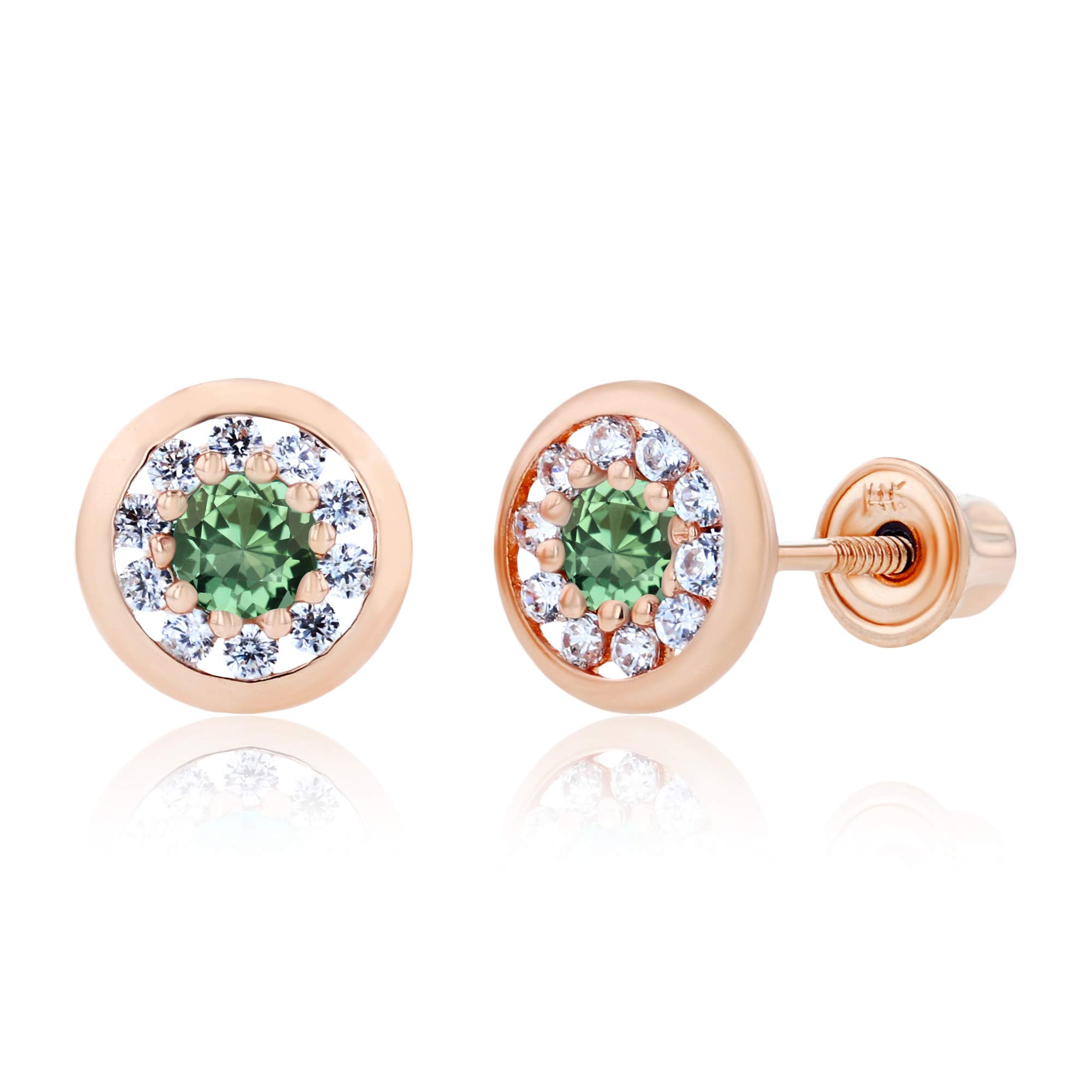 14K Solid Gold 6mm Round Natural Birthstone Screwback Stud Earrings for Women | 2.50mm Round Birthstone | 1mm Created White Sapphire Pavé Circle Earrings | Perfect for Everyday Wear, Gifts & Special Occasions