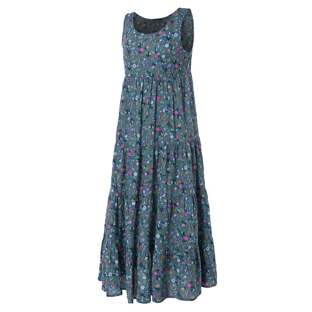 Women's Flowy Comfortable Cotton Linen Dress - Summer Boho Floral Maxi Dress with Loose Sleeveless Design for Casual Wear, Beach Vacation & Outdoor Activities