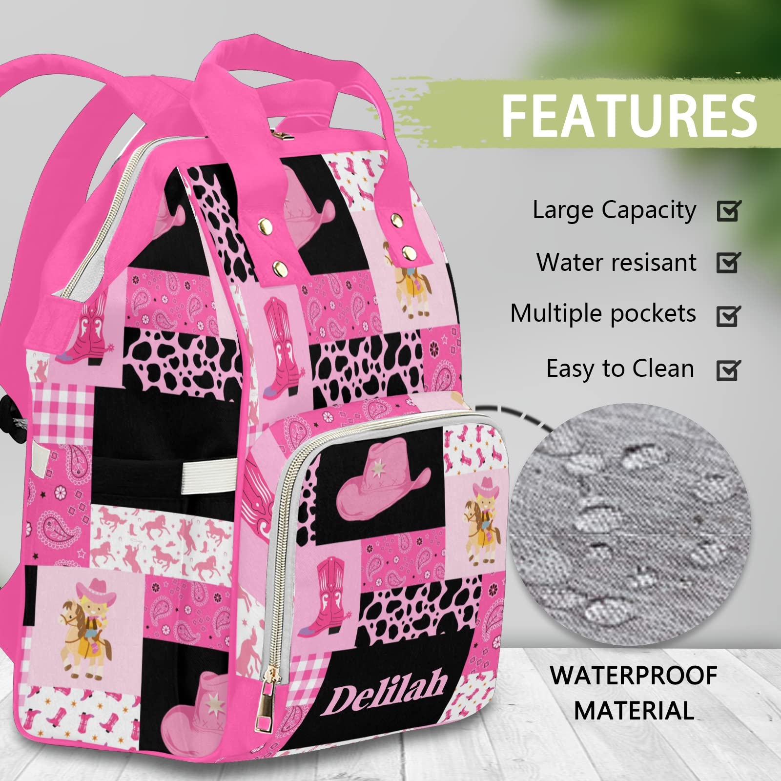 Custom Cowgirl Pink Quilted Diaper Bag Backpack - Personalized Baby Shower Gift for Moms, Trendy & Functional Diaper Tote for Travel, Outings & Everyday Use