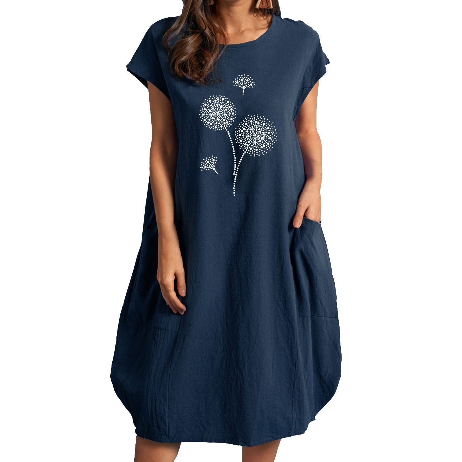 **Women's Casual Printed Loose Short Sleeve Summer Dress - Beach Wear 2022 Round Neck Flowy Dress for Vacation, Pool Party & Outdoor Activities**