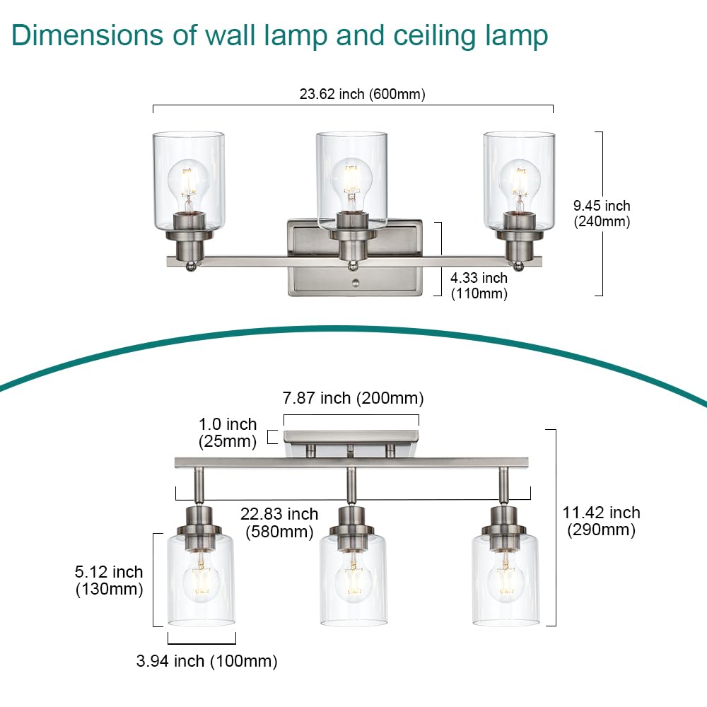Modern Track Lighting Kit - Brushed Nickel Bathroom Vanity Light with Clear Glass Shade - 3 Adjustable Ceiling Spotlights for Kitchen, Living Room & Bedroom - Industrial Style Lighting Fixture for Home Decor