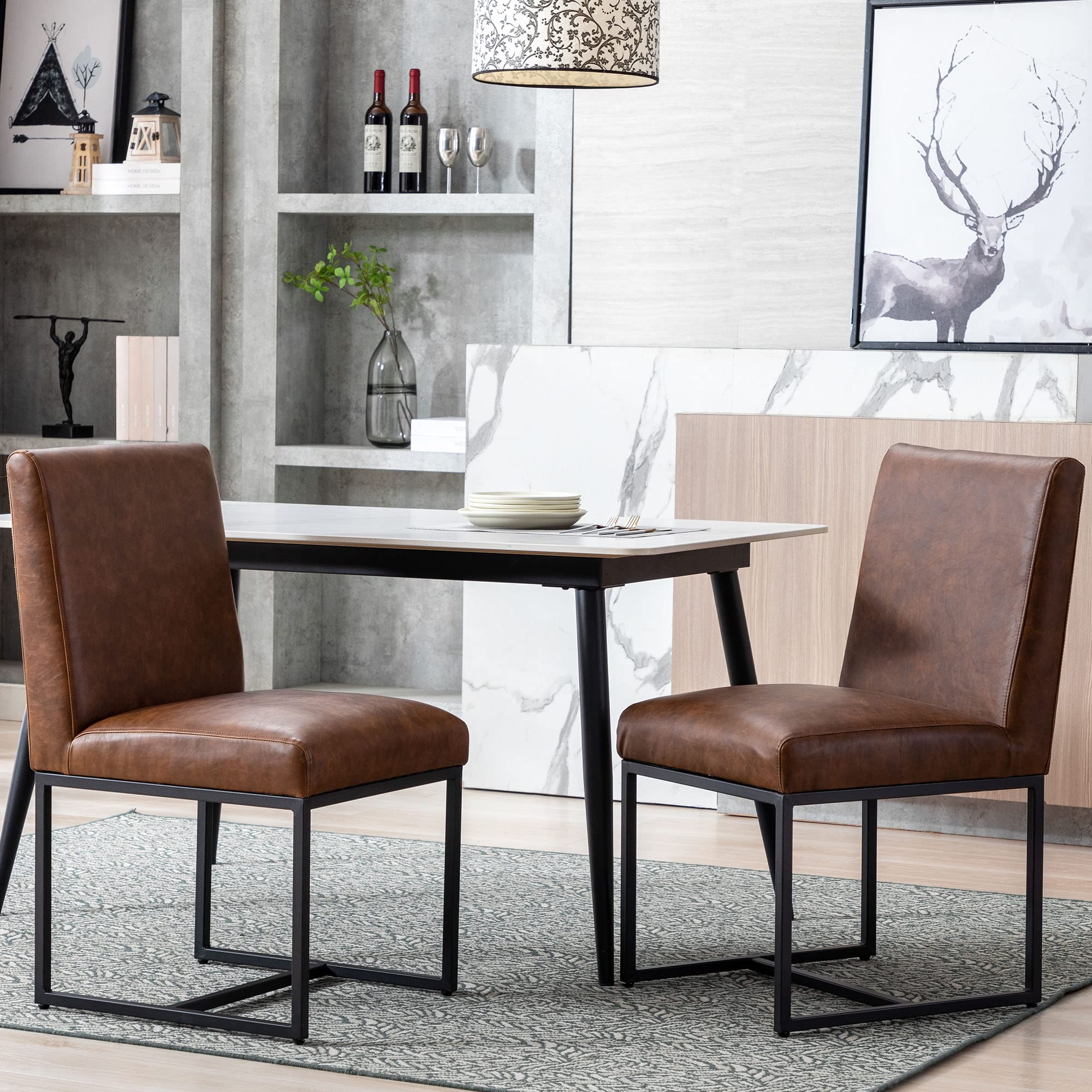 VESCASA Mid Century Modern Faux Leather Dining Chairs - Set of 2 Brown Upholstered Kitchen Chairs with Black Metal Frame & Adjustable Foot Pads | Perfect for Restaurant, Home Dining Room & Office Conference Table Setting