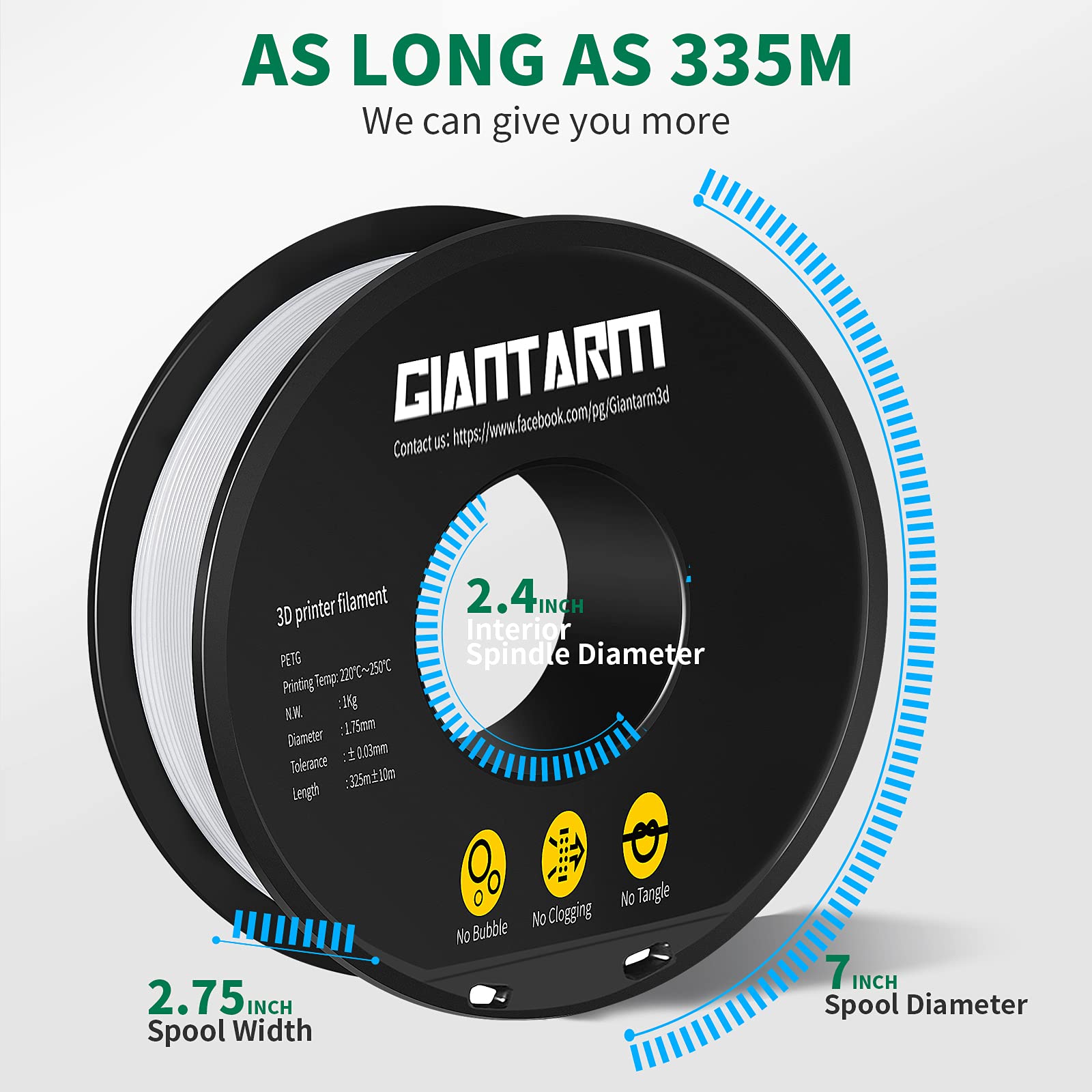 GIANTARM 1.75mm PETG Filament for 3D Printers - 1kg Spool, White | High Precision +/-0.02mm | Ideal for Functional Parts, Cosplay Props & DIY Projects