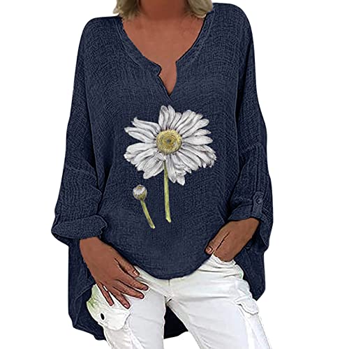 Women's Floral Print V-Neck Long Sleeve Blouse with Asymmetrical Hem - Casual Workout T-Shirt for Women (Navy, Medium) | Perfect for Office Wear, Yoga & Everyday Fashion