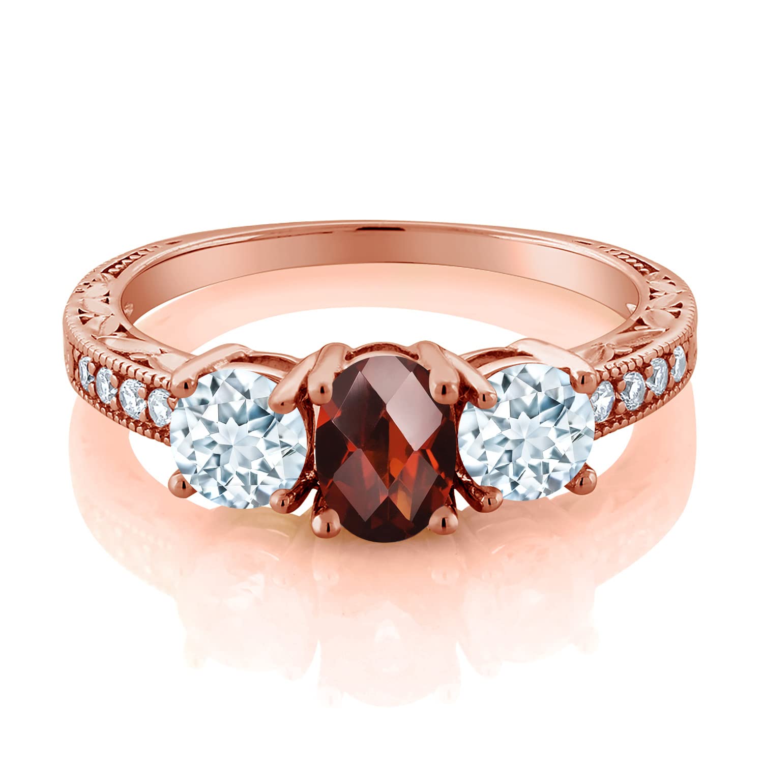 2.12 Ct Oval Red Garnet & Sky Blue Aquamarine Moissanite Ring in 18K Rose Gold Plated Silver - Elegant Gemstone Jewelry for Weddings, Anniversaries & Special Occasions