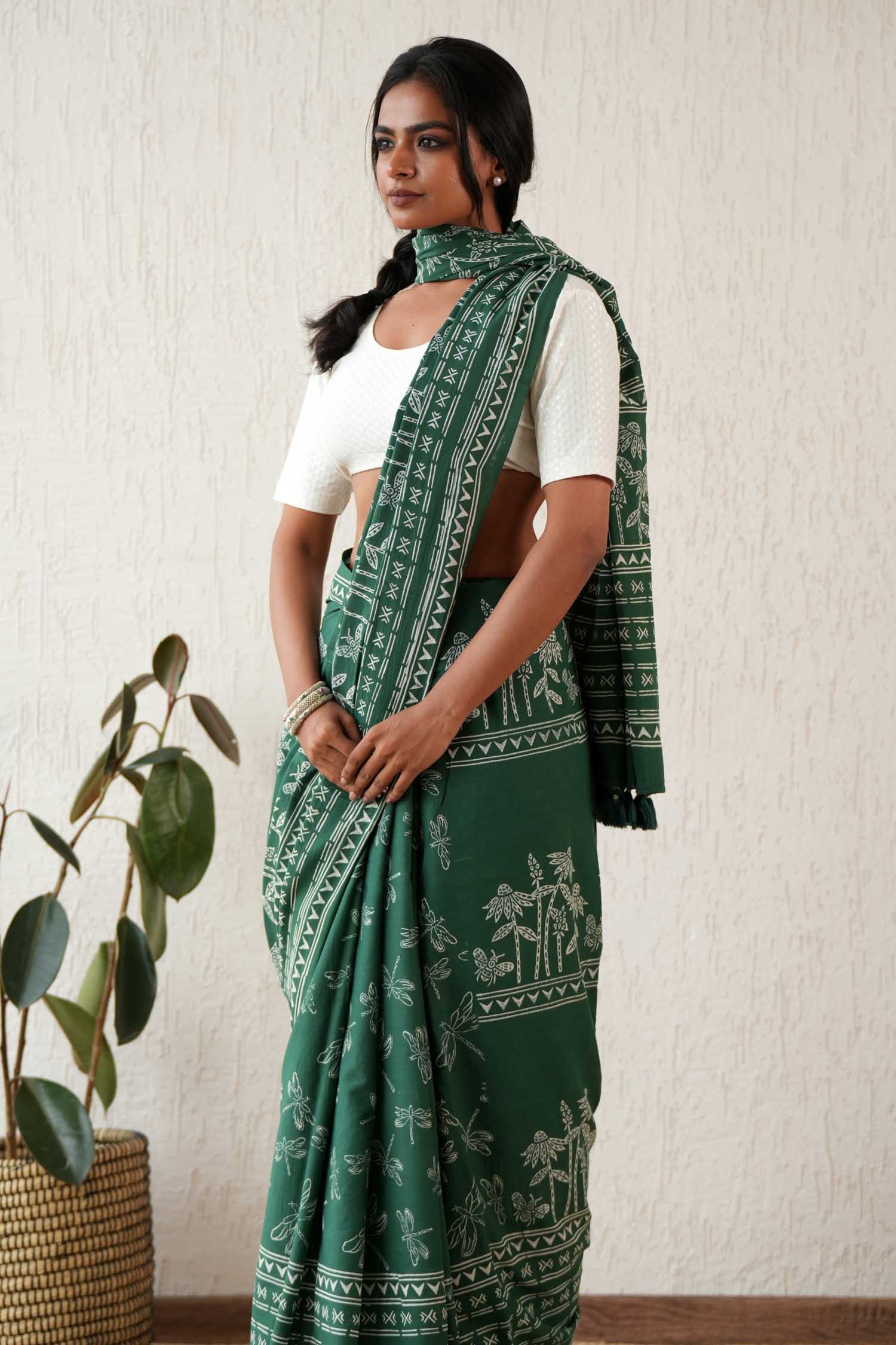 Celestial Drift Hand Block Printed Mulmul Cotton Saree - Elegant Traditional Indian Dress for Weddings & Festive Occasions