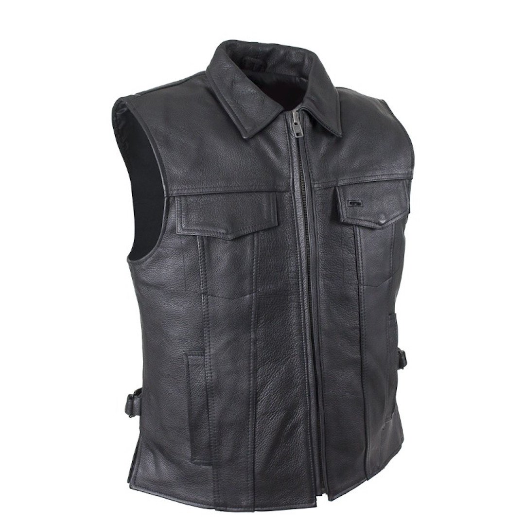 Men's Motorcycle Club Leather Vest with Fold Collar & Hidden Snaps - Biker Jacket for Riding, Motorcycle Gangs & Casual Outfits