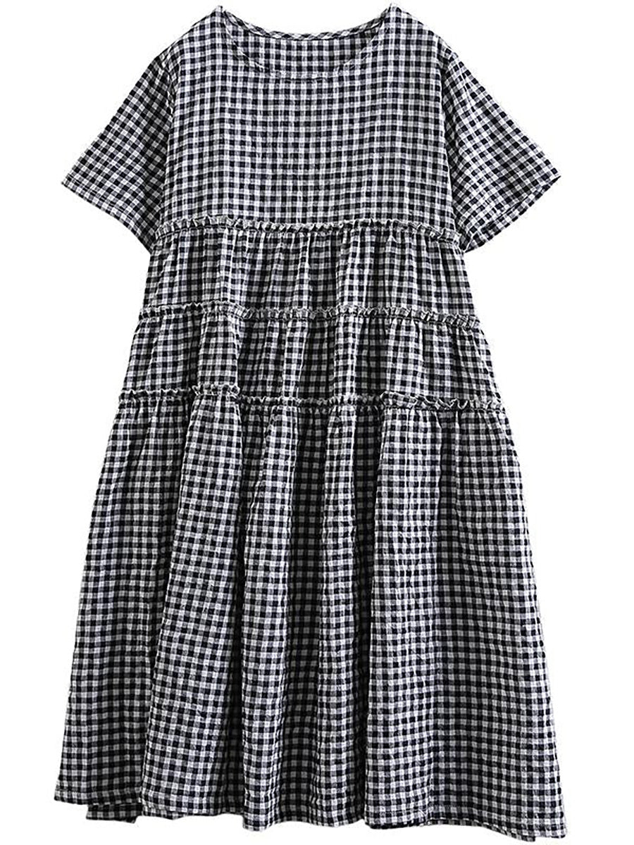 Plus Size 100% Cotton Short Sleeve Plaid Dress for Women - Comfortable Casual Summer Outfit for Beach, Picnic & Office Wear