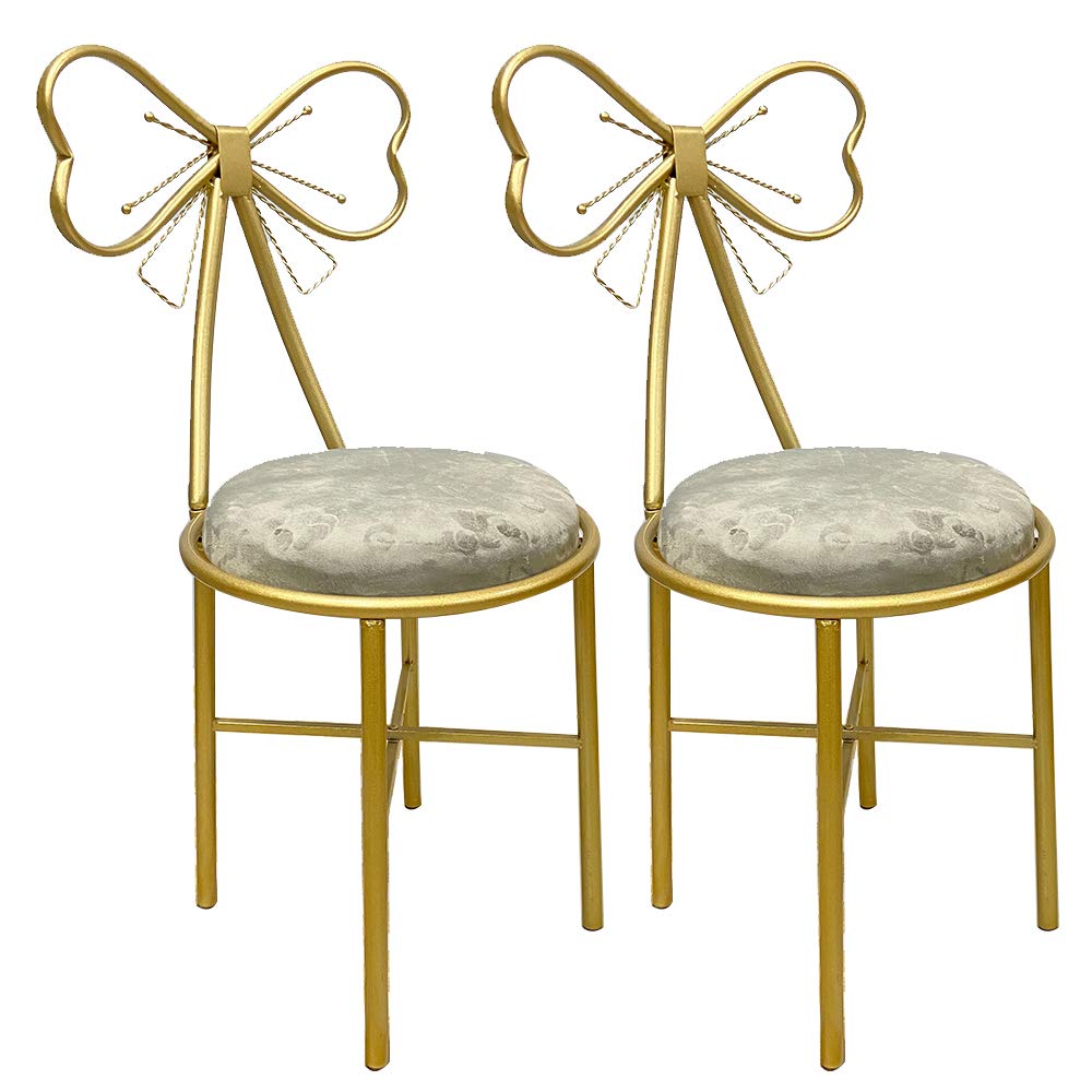 Elegant Velvet Makeup Vanity Chair Set of 2 - Modern Butterfly Stool with Metal Legs & Bow Design, Grey Ottoman Bench for Bedroom Dressing Room & Nail Salon - Perfect for Beauty Stations, Home Decor & Salon Styling