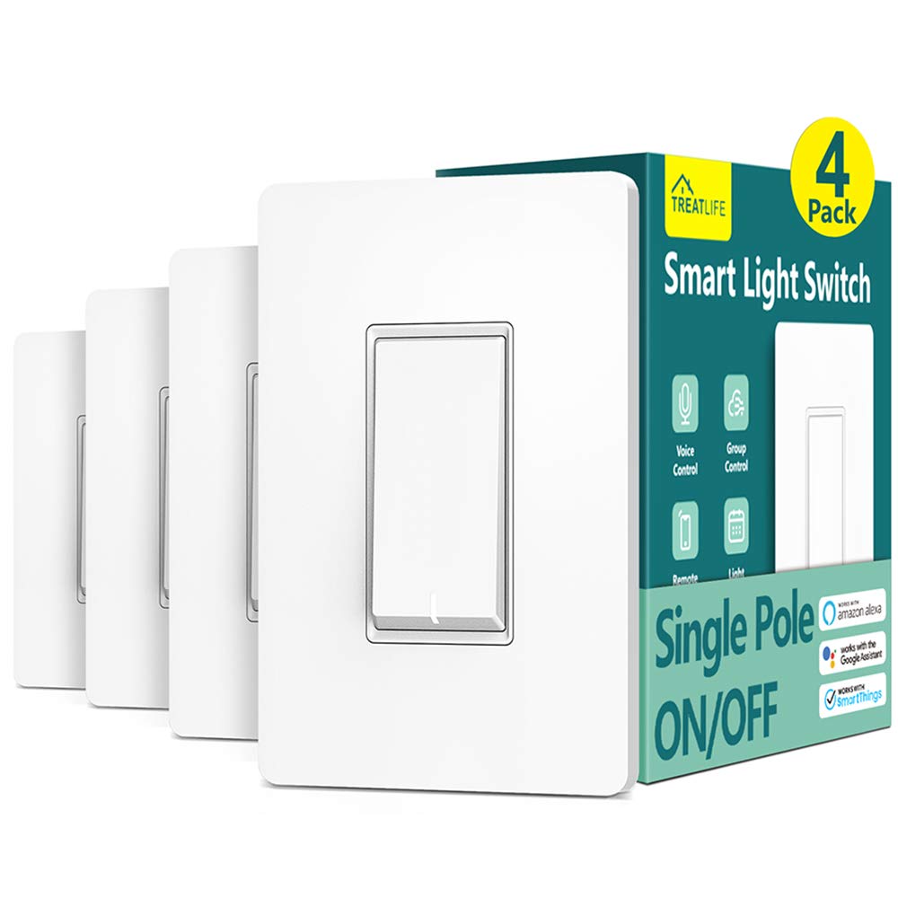 TREATLIFE Smart Light Switch 4-Pack - Single Pole WiFi Switch Compatible with Alexa, Google Home & SmartThings | 2.4GHz Timer Control | Neutral Wire Required | No Hub Needed | FCC Certified | Perfect for Home Automation & Smart Lighting Control