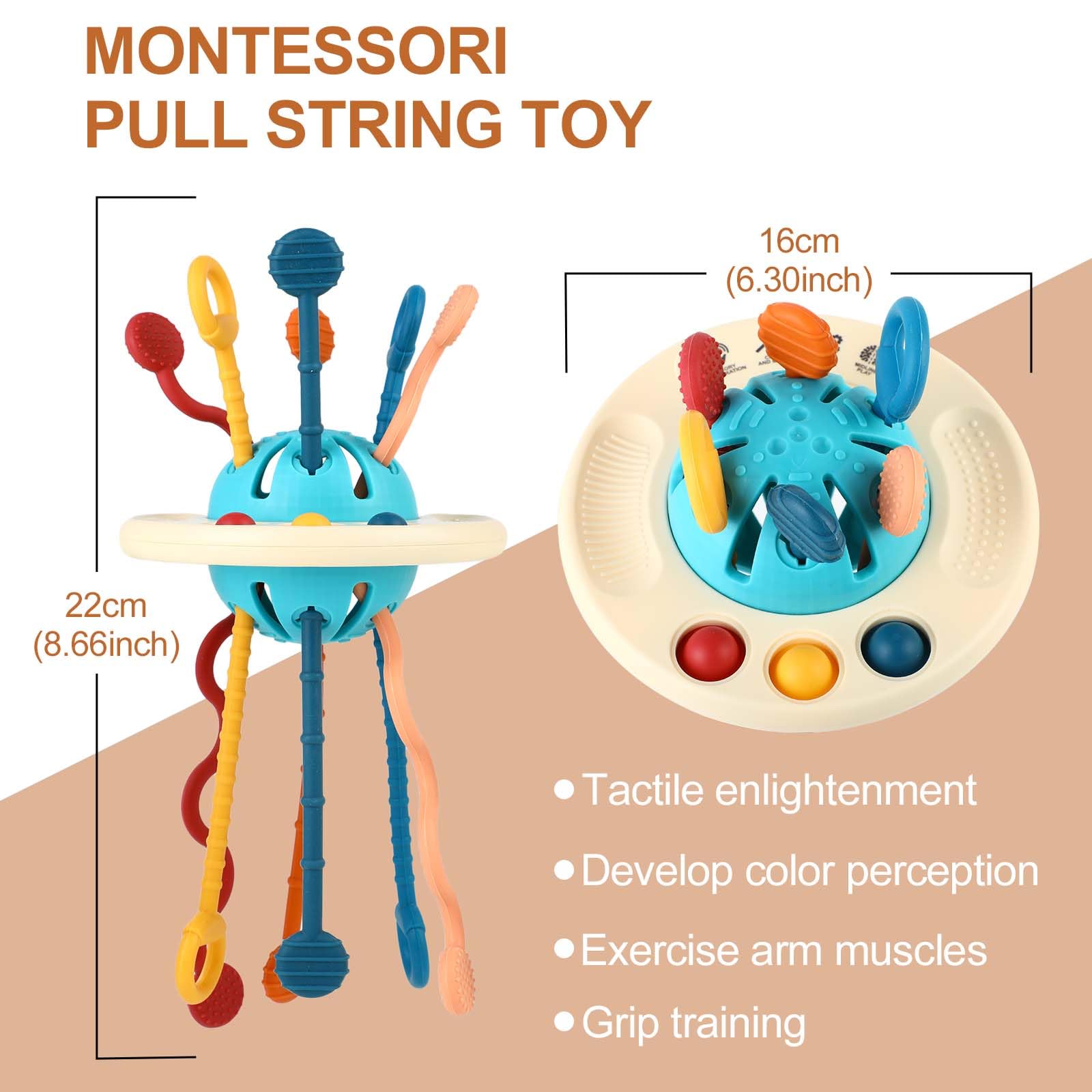 Montessori Baby Teething Toy - Silicone Pull String Sensory Toy for 6-18 Months | Soothing Gum Relief for Boys & Girls