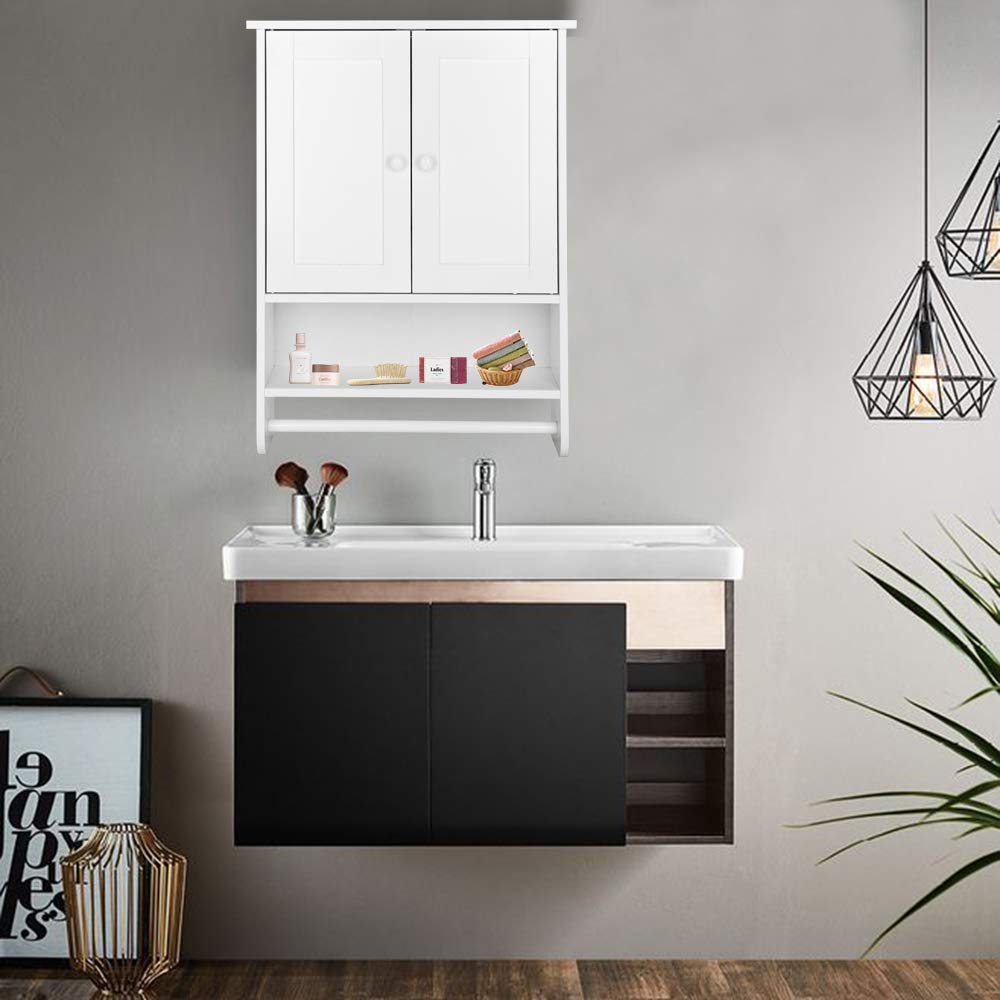 White Double Door Bathroom Wall Cabinet with Towel Bar - Hanging Medicine Storage Organizer for Bathroom & Kitchen - Perfect for Small Space Organization, Bath Essentials Storage, and Home Decor