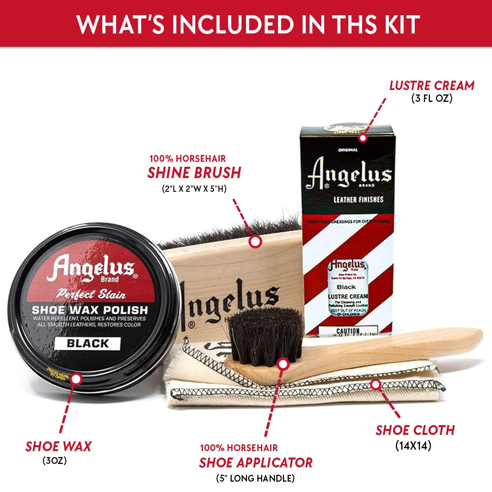 Angelus Shoe Shine Kit - 5 Piece Set with Black Boot & Shoe Polish Wax, 3oz Shoe Cream, Horsehair Brush, Dauber & Cloth | Premium Leather Care for Dress Shoes, Boots & Work Boots | Perfect for Home, Office & Professional Shoe Shining
