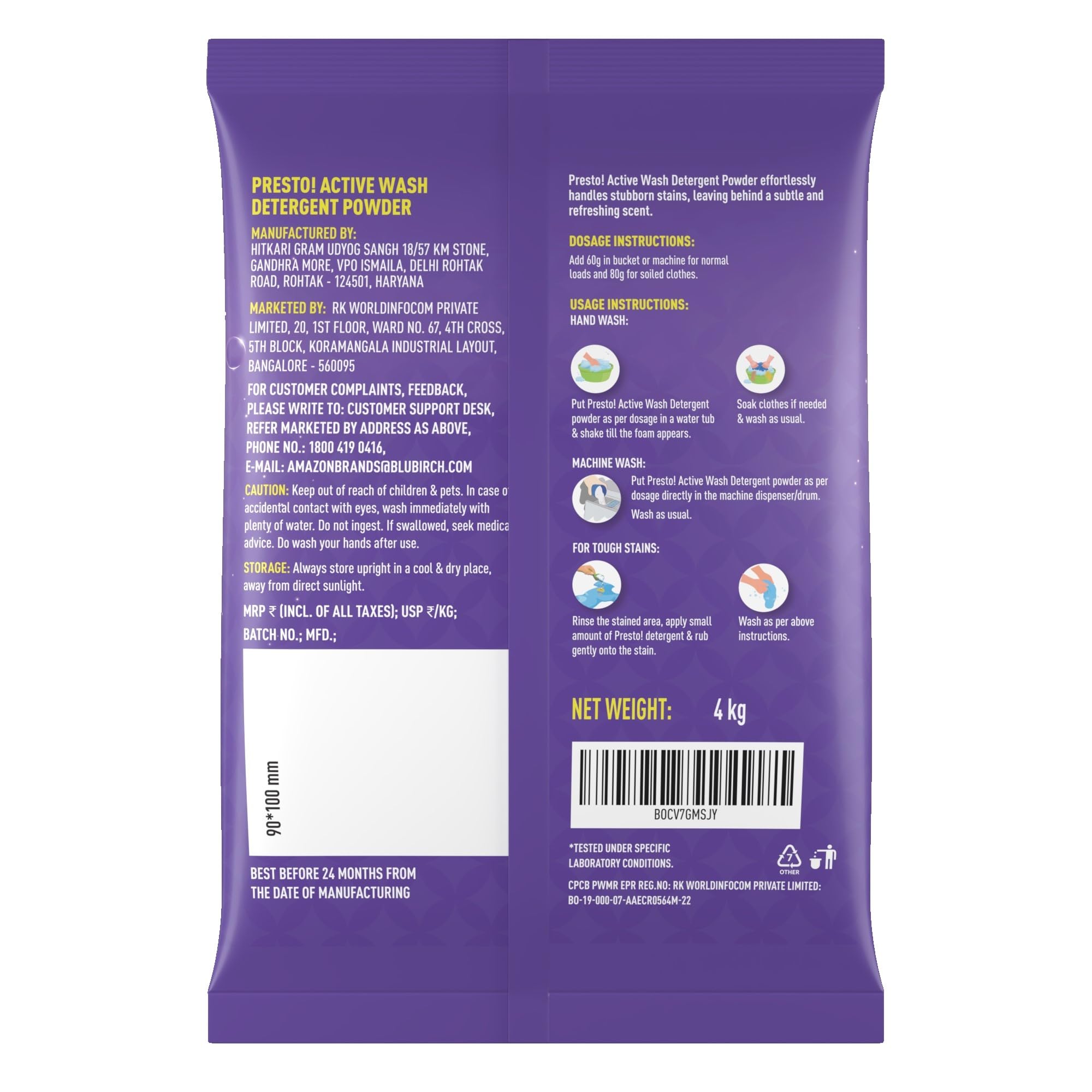 Presto! Active Wash Laundry Detergent Powder 4kg - Tough Stain Remover, Gentle on Fabrics, Color-Safe with Refreshing Fragrance - For Machine & Hand Washing - Perfect for Activewear, Baby Clothes & Everyday Laundry