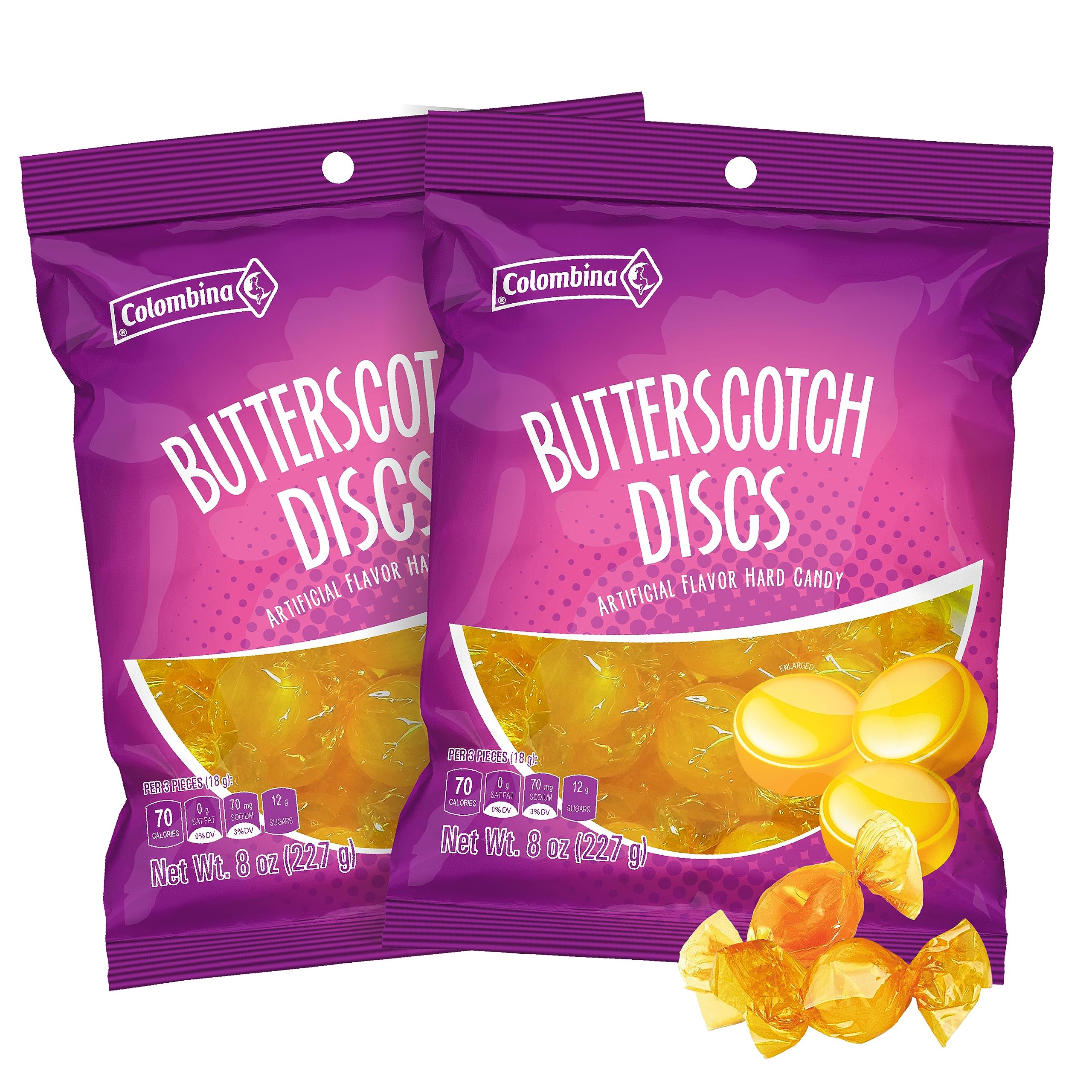 Colombina Butterscotch Hard Candy - Bulk Individually Wrapped Caramel Discs with Rich Buttery Flavor - Old Fashioned Artificial Flavor Treats for Parties, Gifts & Office Snacks (38 Pieces per Pack, 2-Pack Bundle)