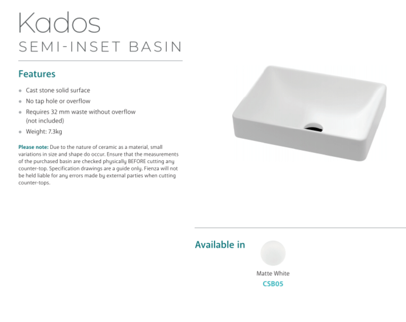 Fienza CSB05 Kados Semi Inset Cast Stone Bathroom Sink, White - Perfect for Modern Farmhouse, Rustic, or Contemporary Bathroom Vanities