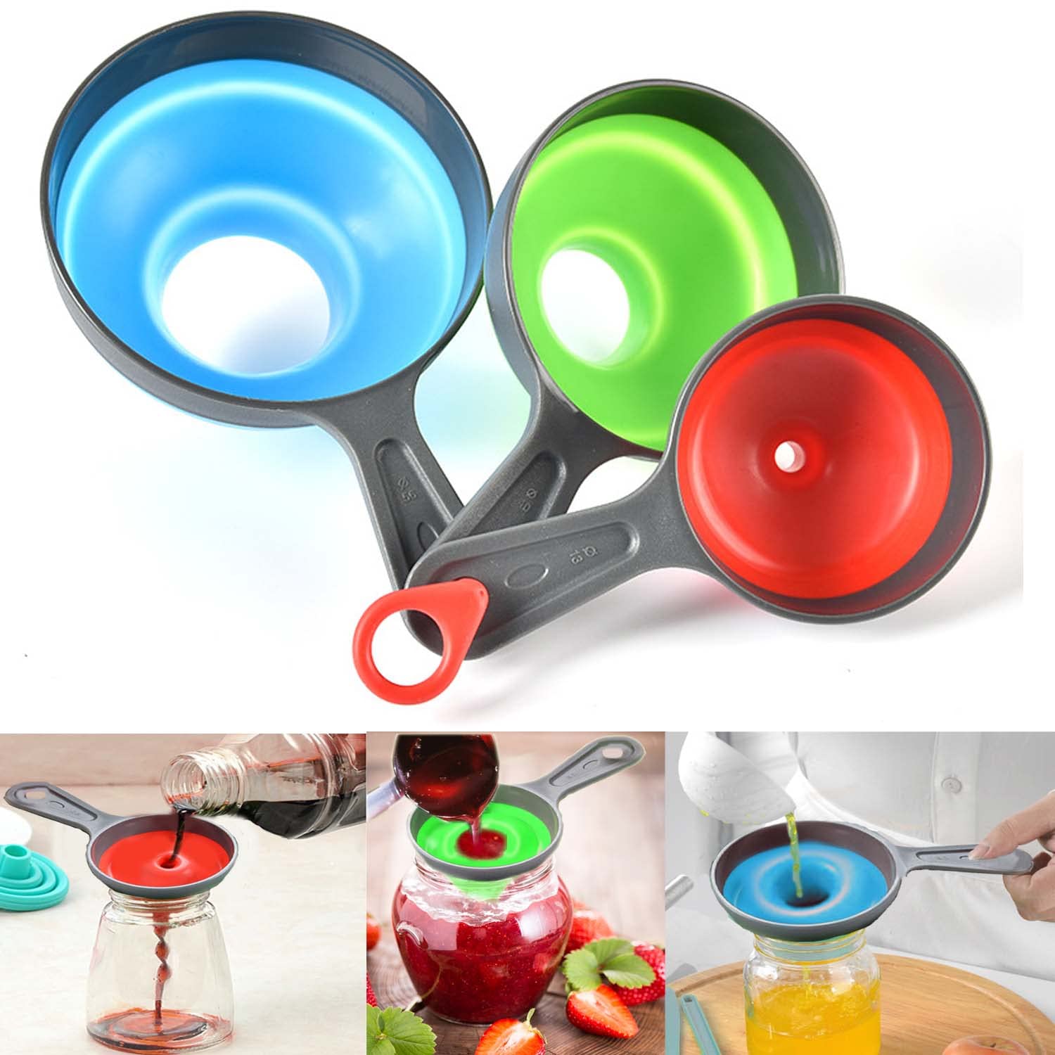 Food-Grade Silicone Foldable Kitchen Funnel 3-Piece Set - Large Wide Mouth Funnel for Mason Jars, Small Funnels for Bottles | Durable, Leak-Proof Canning Funnel for Jams, Spices, Liquids & Dry Ingredients | Perfect for Home Canning, Baking, Cooking & Meal Prep