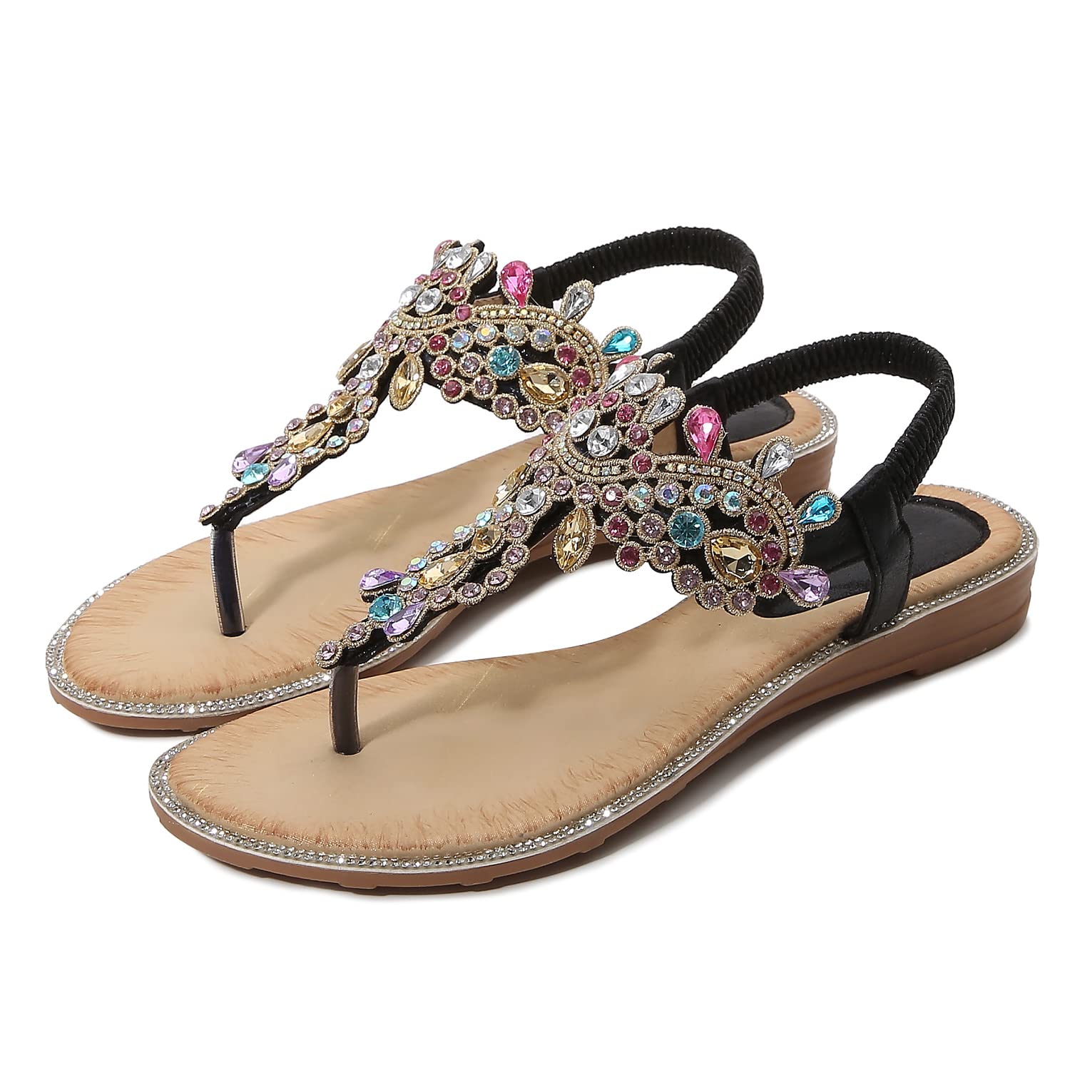 iCKER Women's Bohemian Beaded Flat Sandals - Rhinestone Leather Thong Sandals for Ladies | Perfect for Beach, Vacation, and Summer Outfits