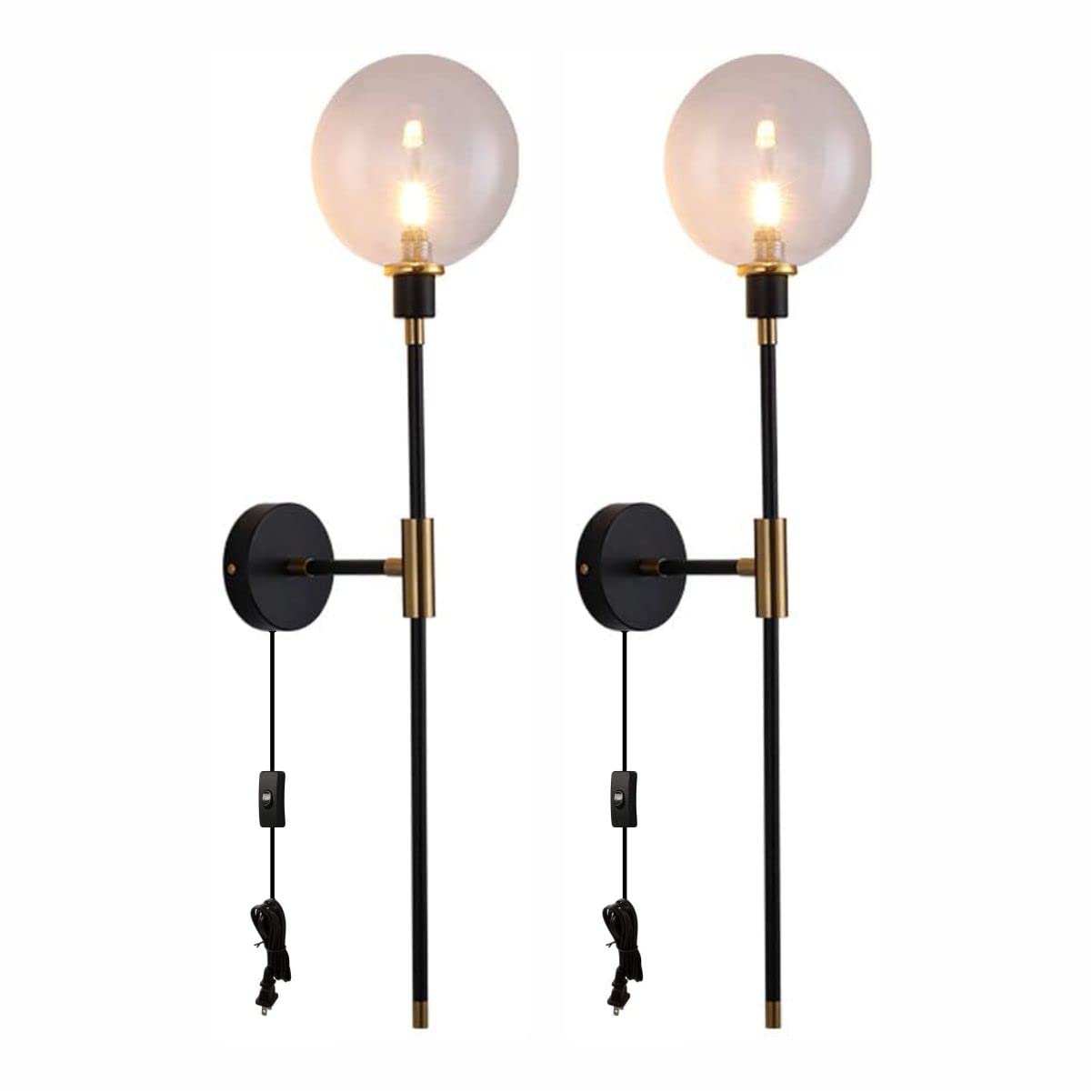 KCO 1-Light Plug in Wall Sconce with On/Off Switch - Black Modern Wall Mounted Light Fixture with Long Arm & Glass Globe Shade - Bedroom, Living Room, Kitchen, Hallway Lighting (Clear, 2-Pack) - Perfect for Ambient Lighting & Home Decor