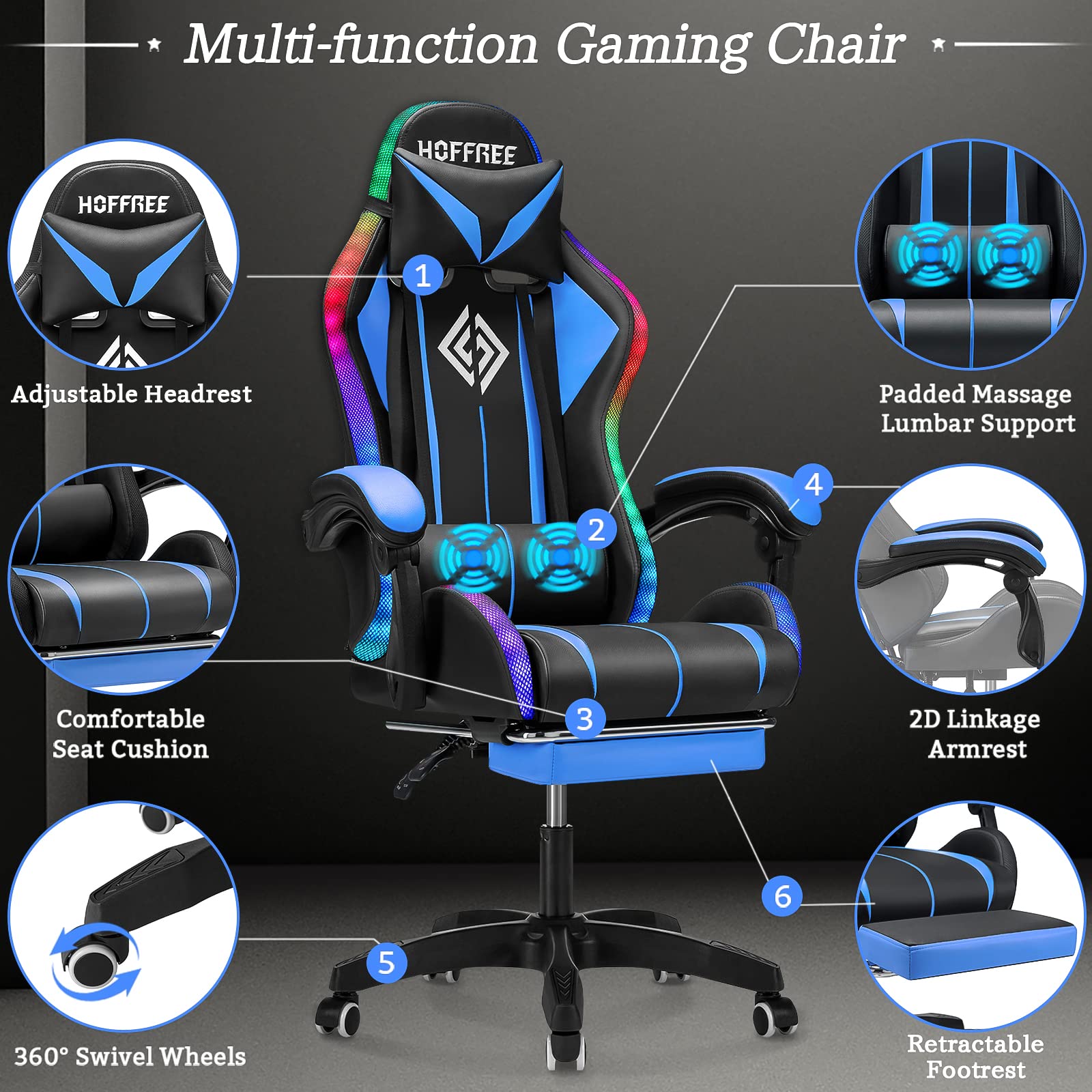 Ergonomic Gaming Chair with Massage, LED Lights & Adjustable Lumbar Support - High Back Computer Chair with Footrest for PC & Console Gamers - Perfect for Esports, Streaming & Home Office (Blue & Black)