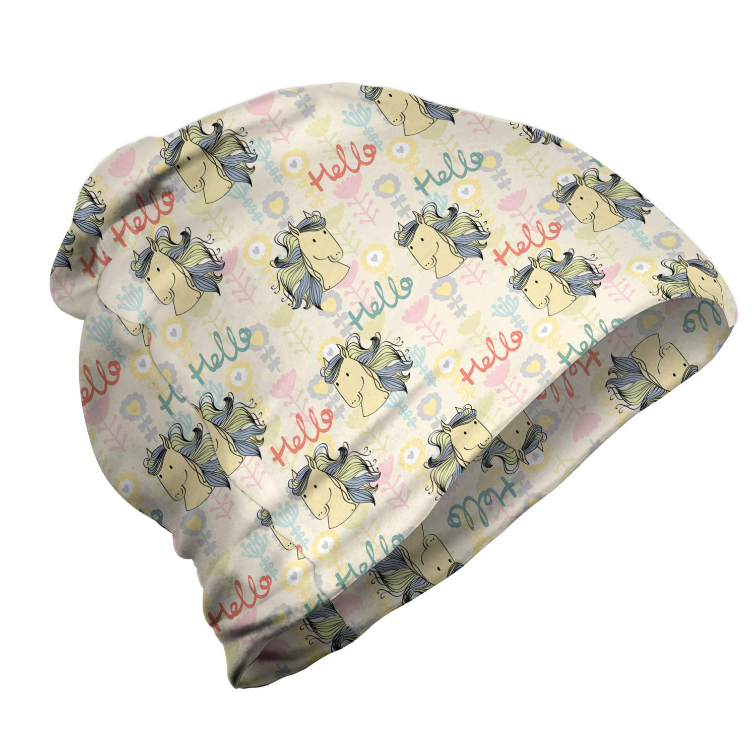 Ambesonne Unisex Beanie - Stylish Calligraphy Horses & Flowers Design - Warm Winter Hat for Men & Women - Perfect for Hiking, Outdoor Activities & Cold Weather Fashion