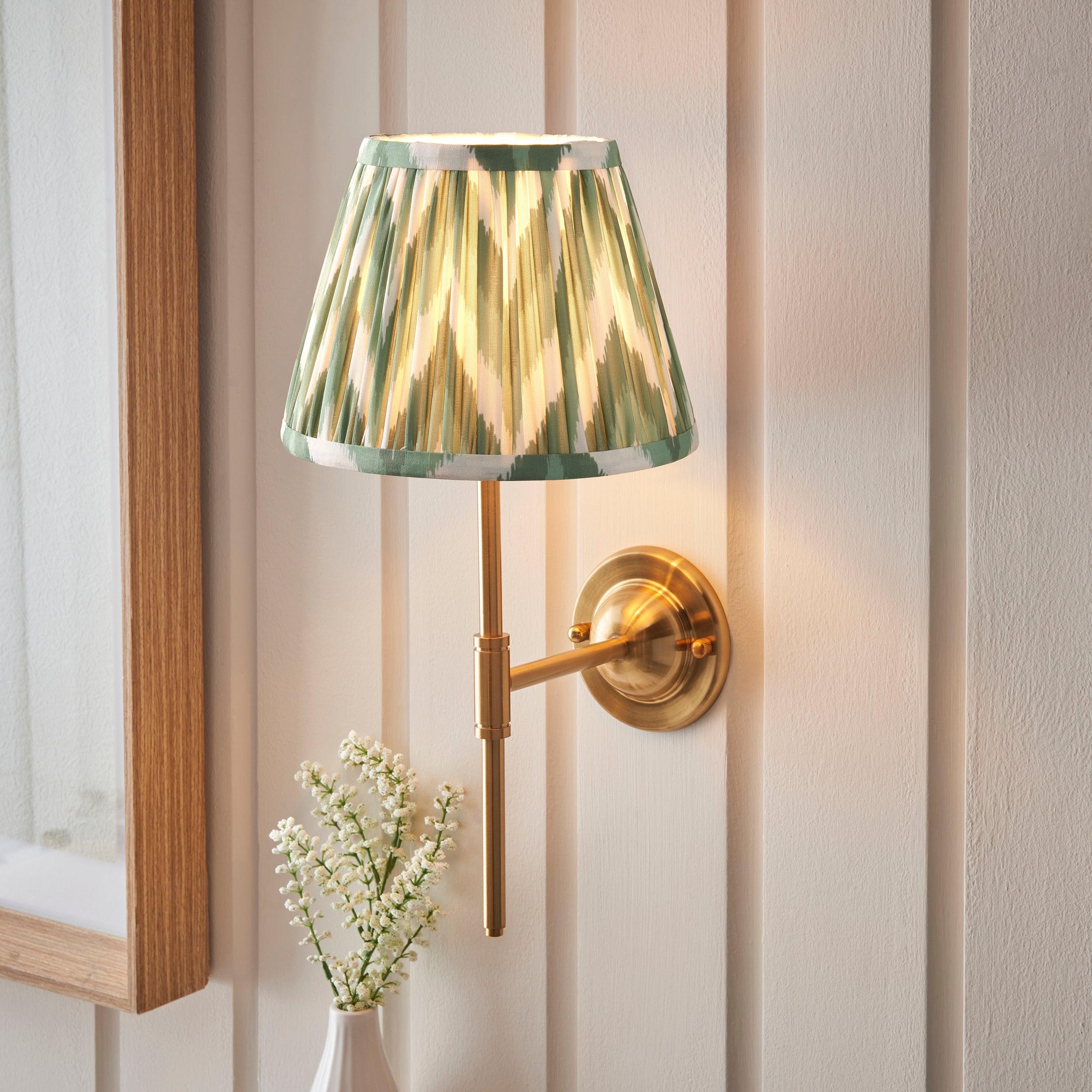 Vintage Dome T Bar Brass Wall Light with 20cm Cotswold Green Zigzag Shade - Perfect for Bedroom, Living Room, and Hallway Lighting