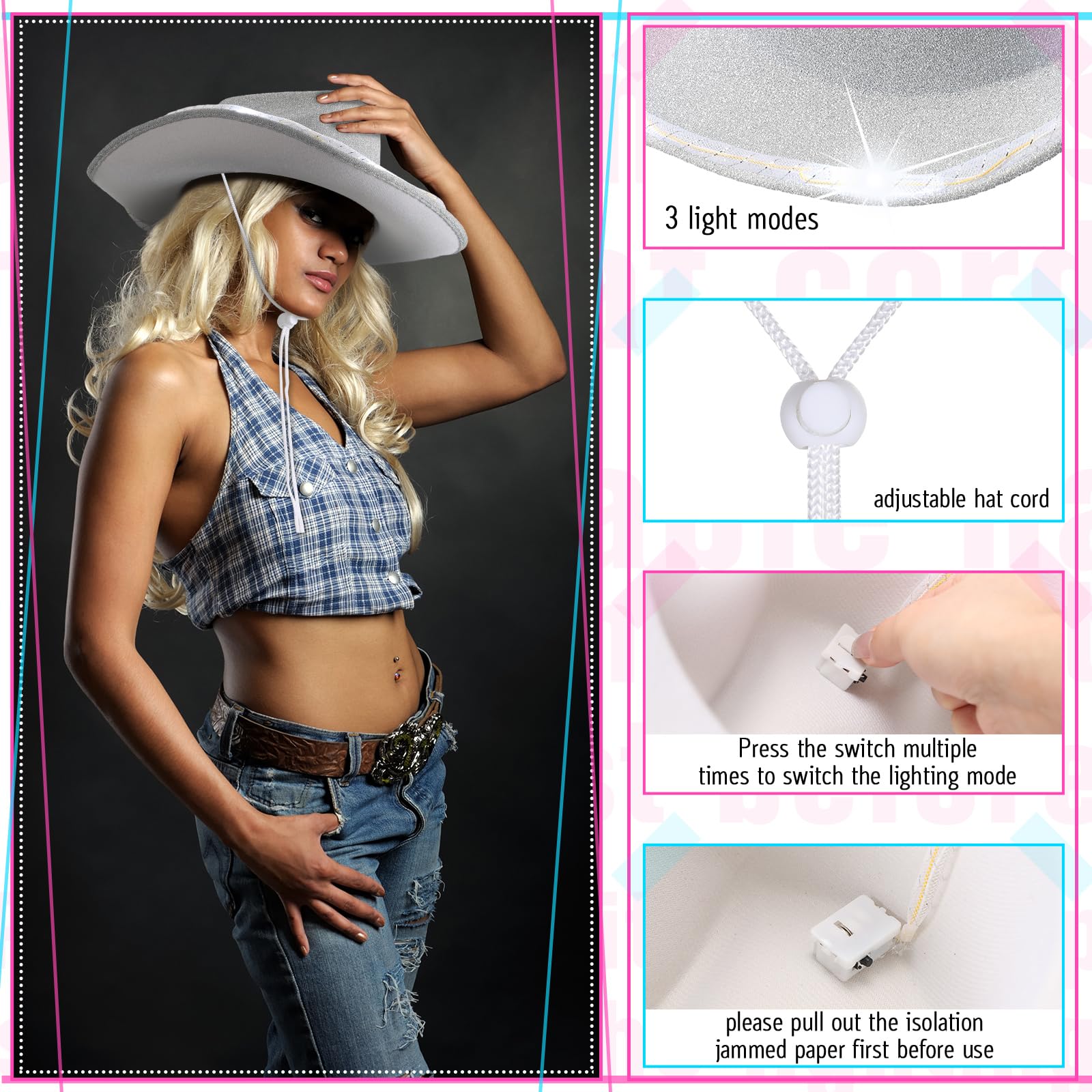 LED Cowboy Hat Flashing Lights - 10 Pcs for Western Role Play & Parties