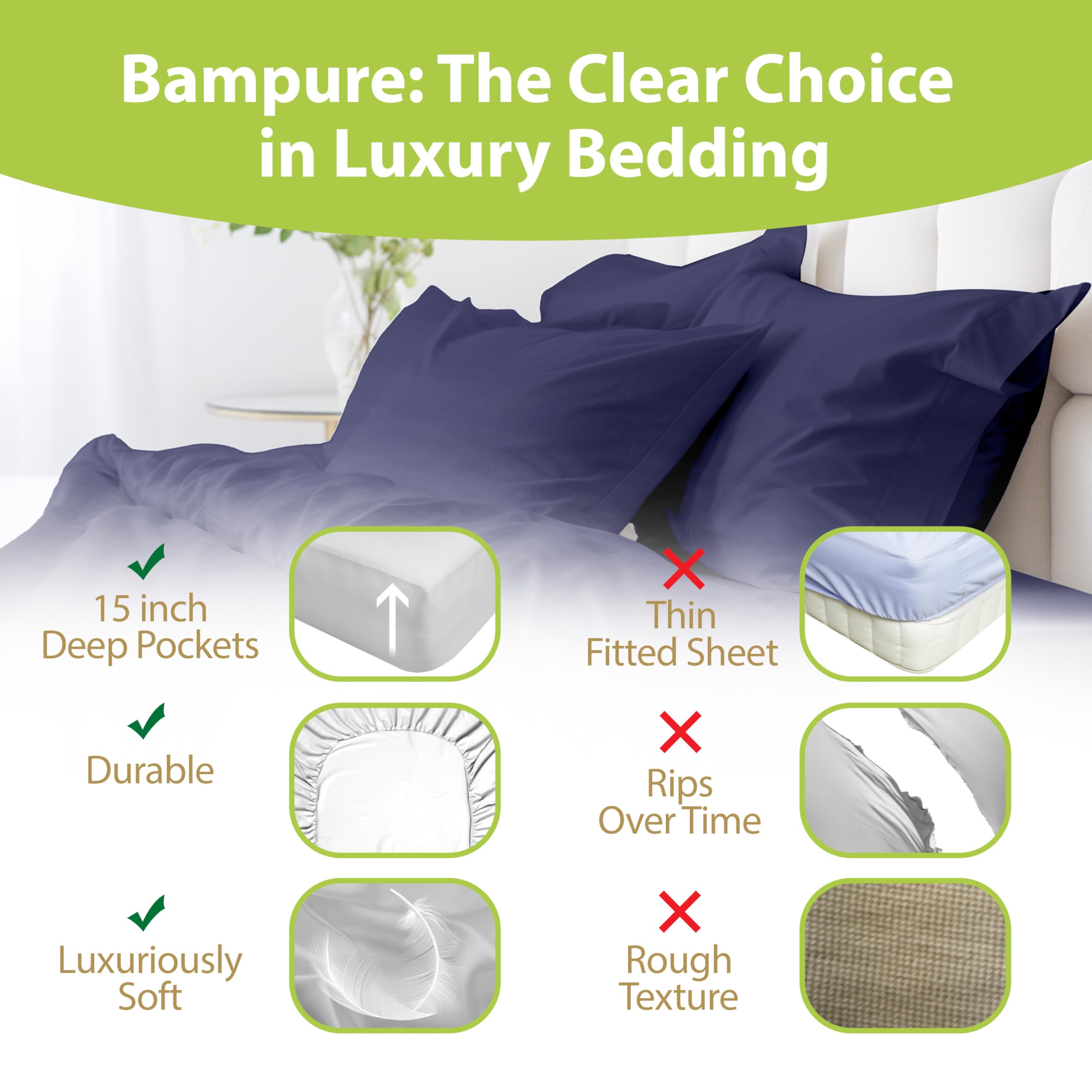 BAMPURE 100% Bamboo Viscose Queen Sheet Set - 4 Piece Ultra Soft Cooling Bed Sheets for Hot Sleepers - OEKO-TEX Certified Hypoallergenic Deep Pocket Sheets (Navy) - Perfect for Summer Nights & Sensitive Skin