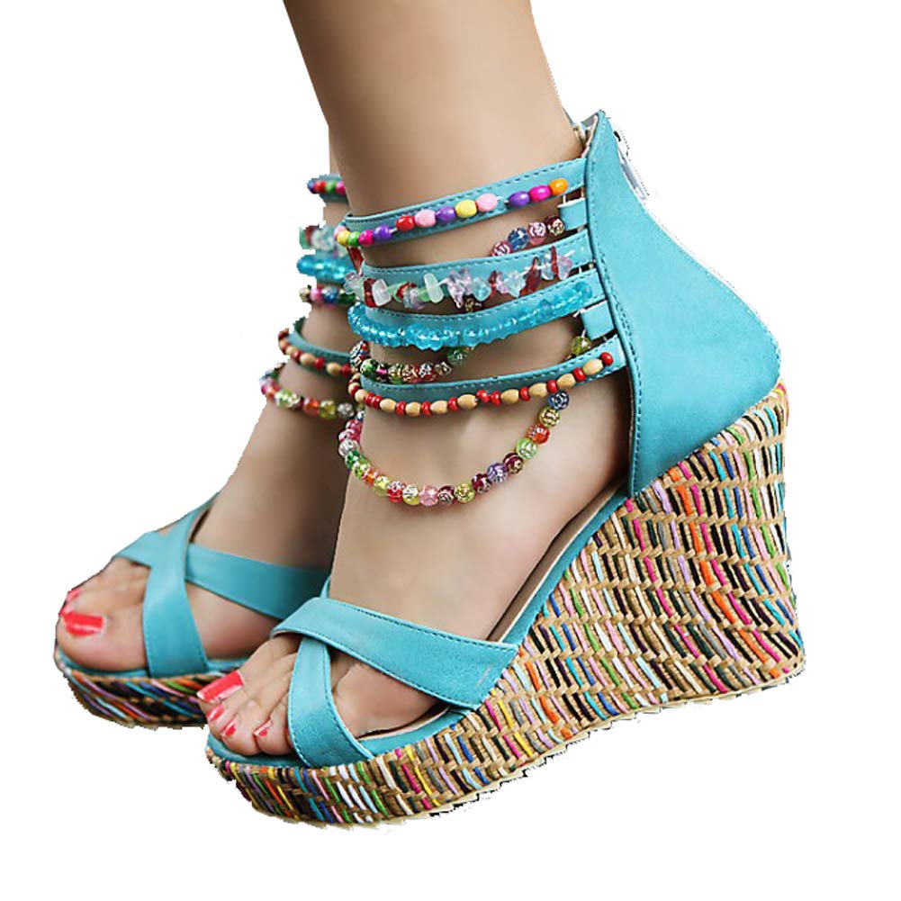 Getmorebeauty Women's Pearl Embellished Wedge Sandals - Comfortable Platform High Heels for Summer, Beach & Casual Outings