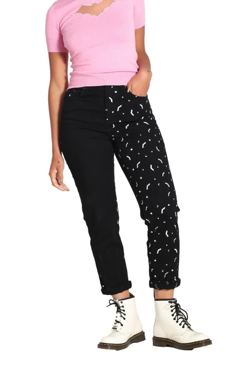 Hell Bunny Bat Duo Denim Jeans - Pink & Black Half & Half Stretch Skinny Jeans for Women | Gothic Halloween Outfit, Vintage Rockabilly Fashion, Retro Pinup Style