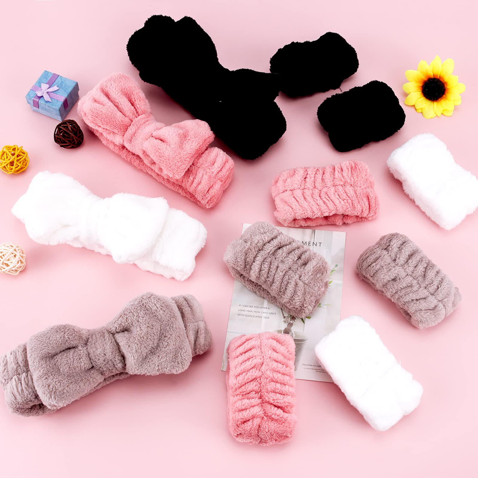 4 Pack Soft SPA Headbands & Wristbands for Women & Men - Cute Skincare Headband with Bow for Washing Face, Makeup, Spa, and Skincare Routine - Absorbent Towel Hair Band & Wrist Wash Bands Set (Perfect for Facial Cleansing, Beauty Treatments & Daily Skincare)
